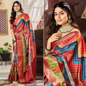 Multicolor Digital Printed Satin Saree
