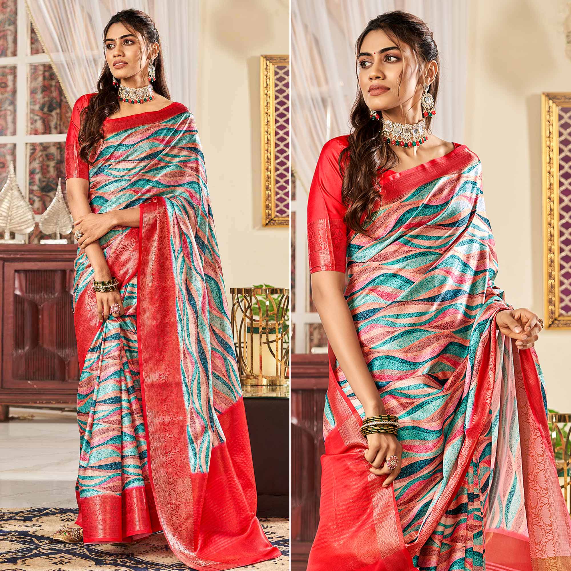 Multicolor Digital Printed Satin Saree