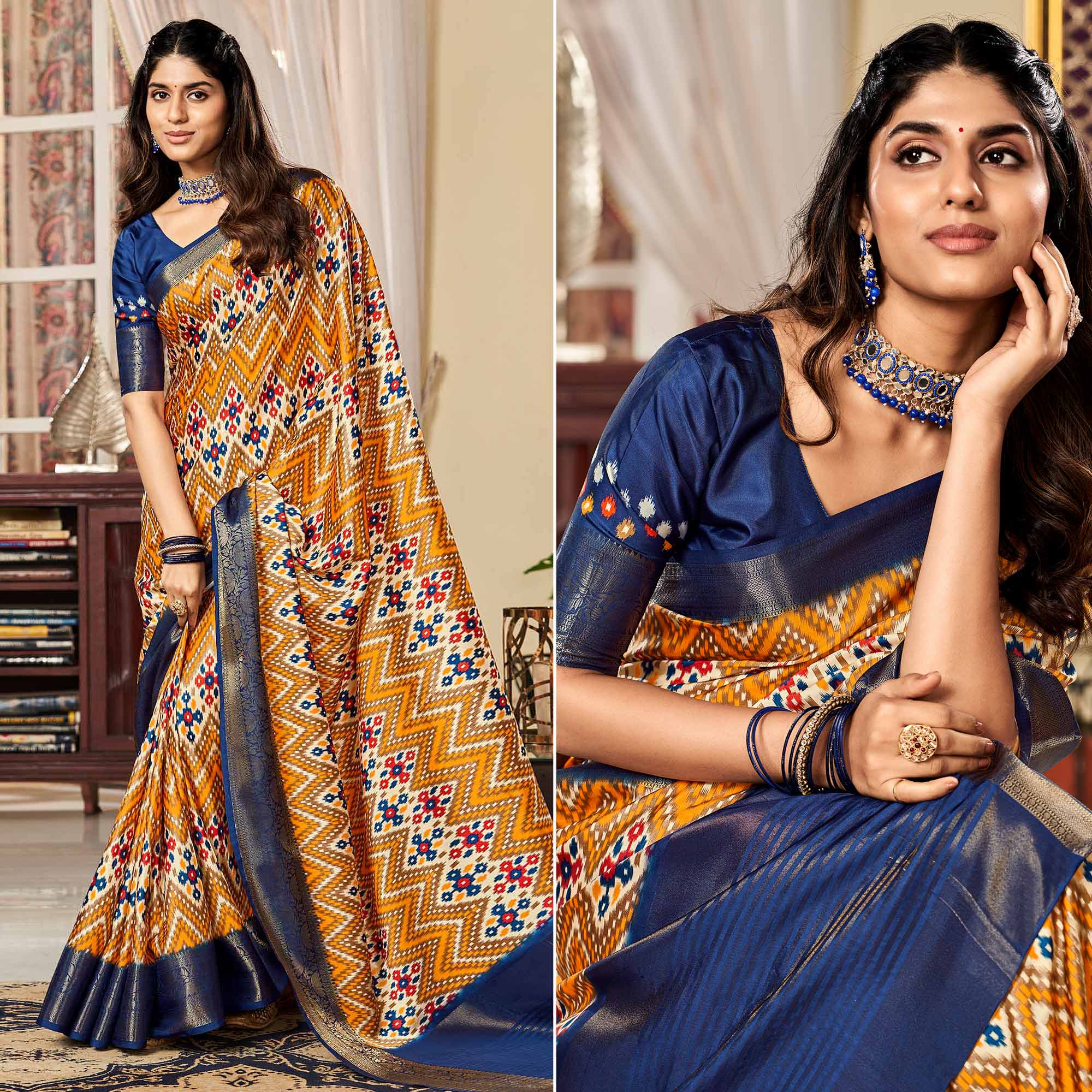Mustard & Blue Digital Printed Satin Saree