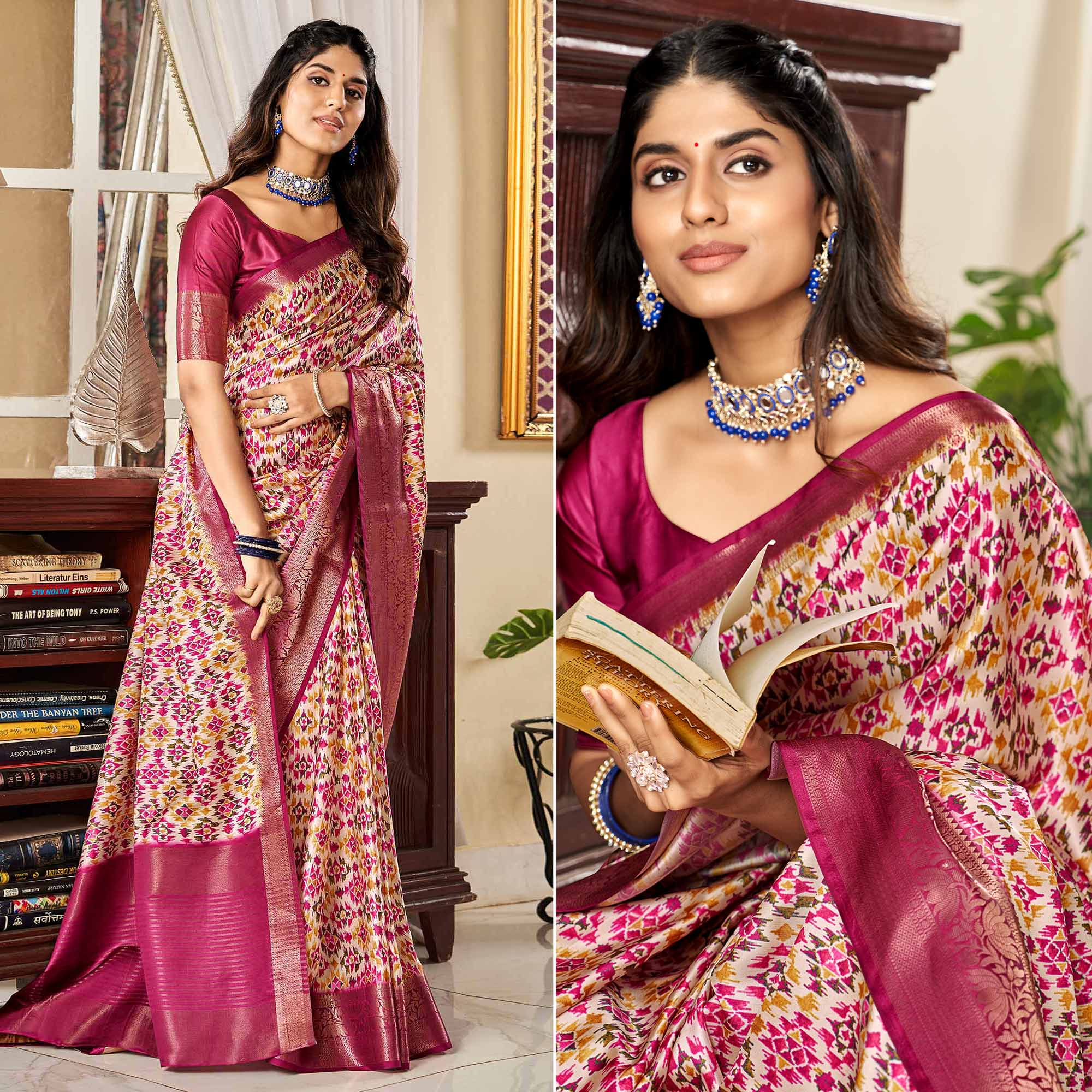 Magenta Digital Printed Satin Saree