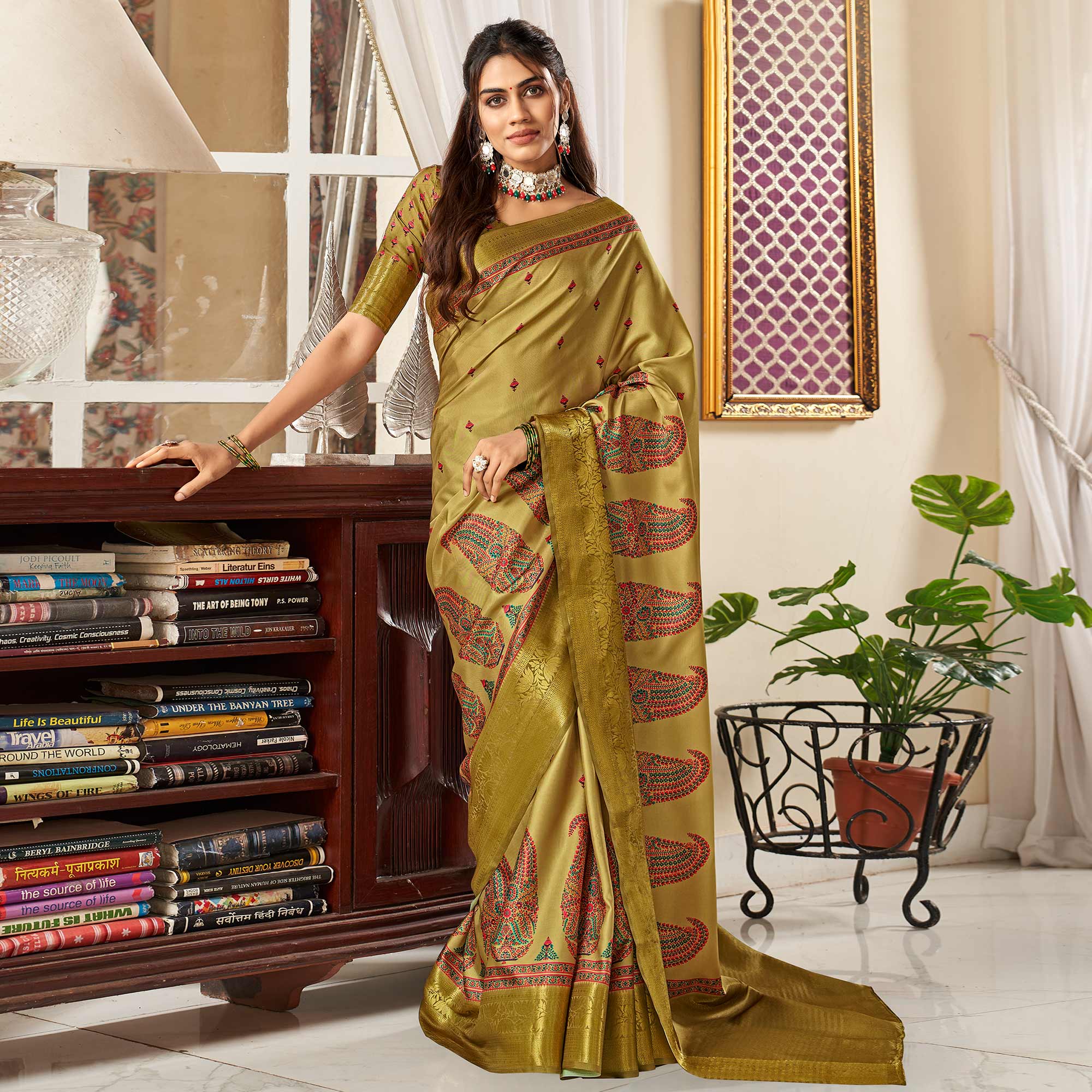 Green Digital Printed Satin Saree