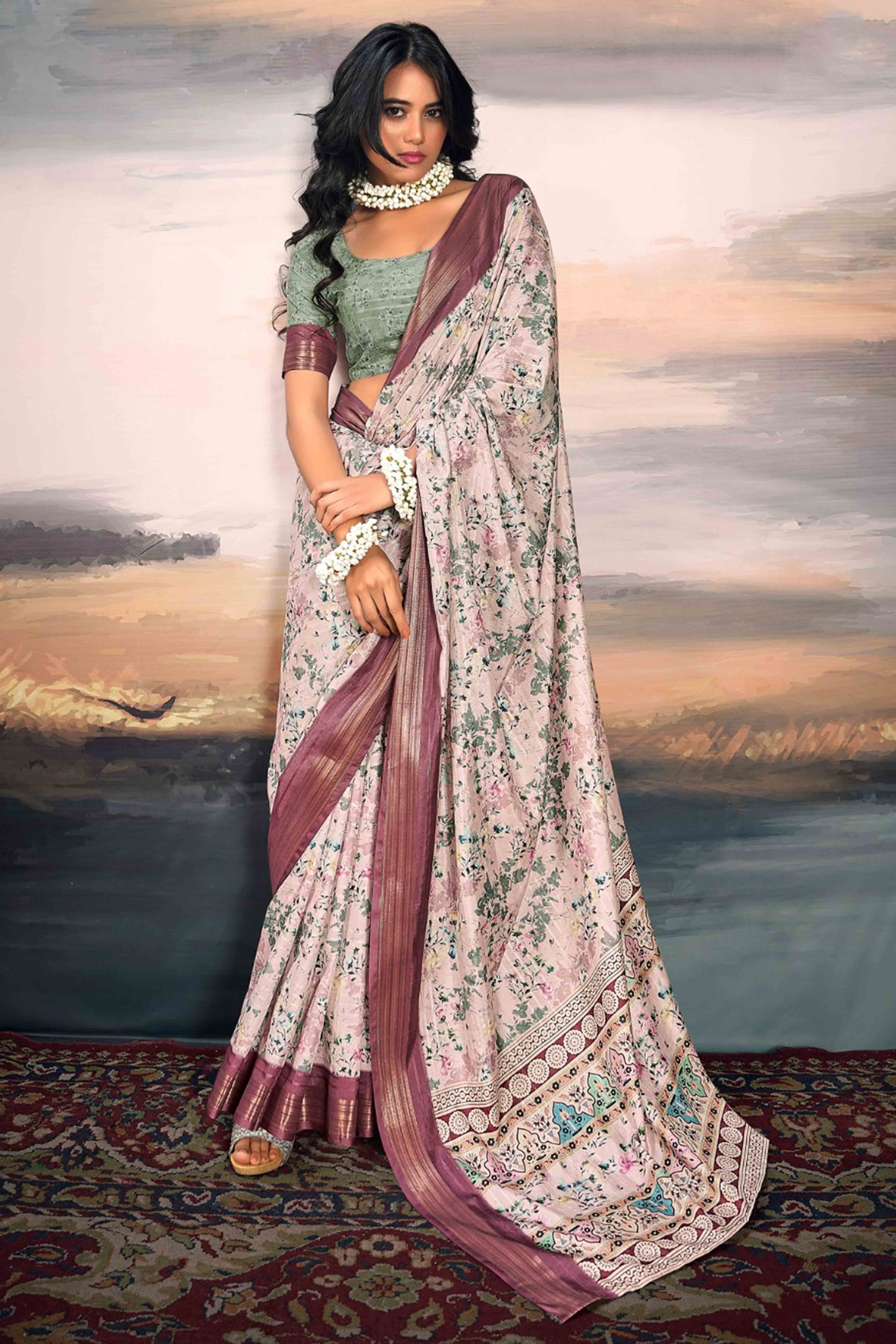 Light Pink Digital Printed Saree in Soft Cotton Silk Fabric