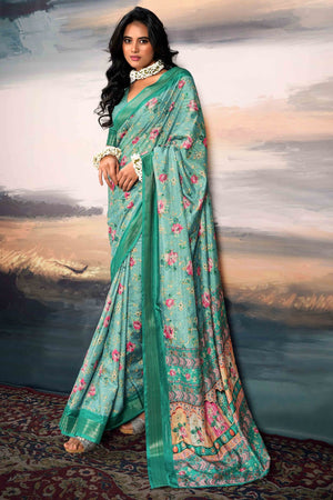 Turquoise Digital Printed Saree in Soft Cotton Silk Fabric