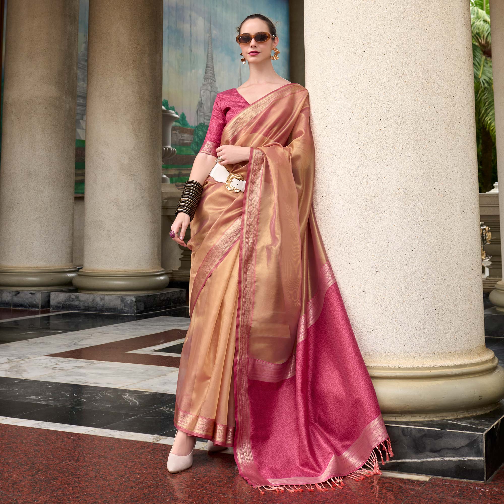 Peach Woven Tissue Silk Saree With Tassels