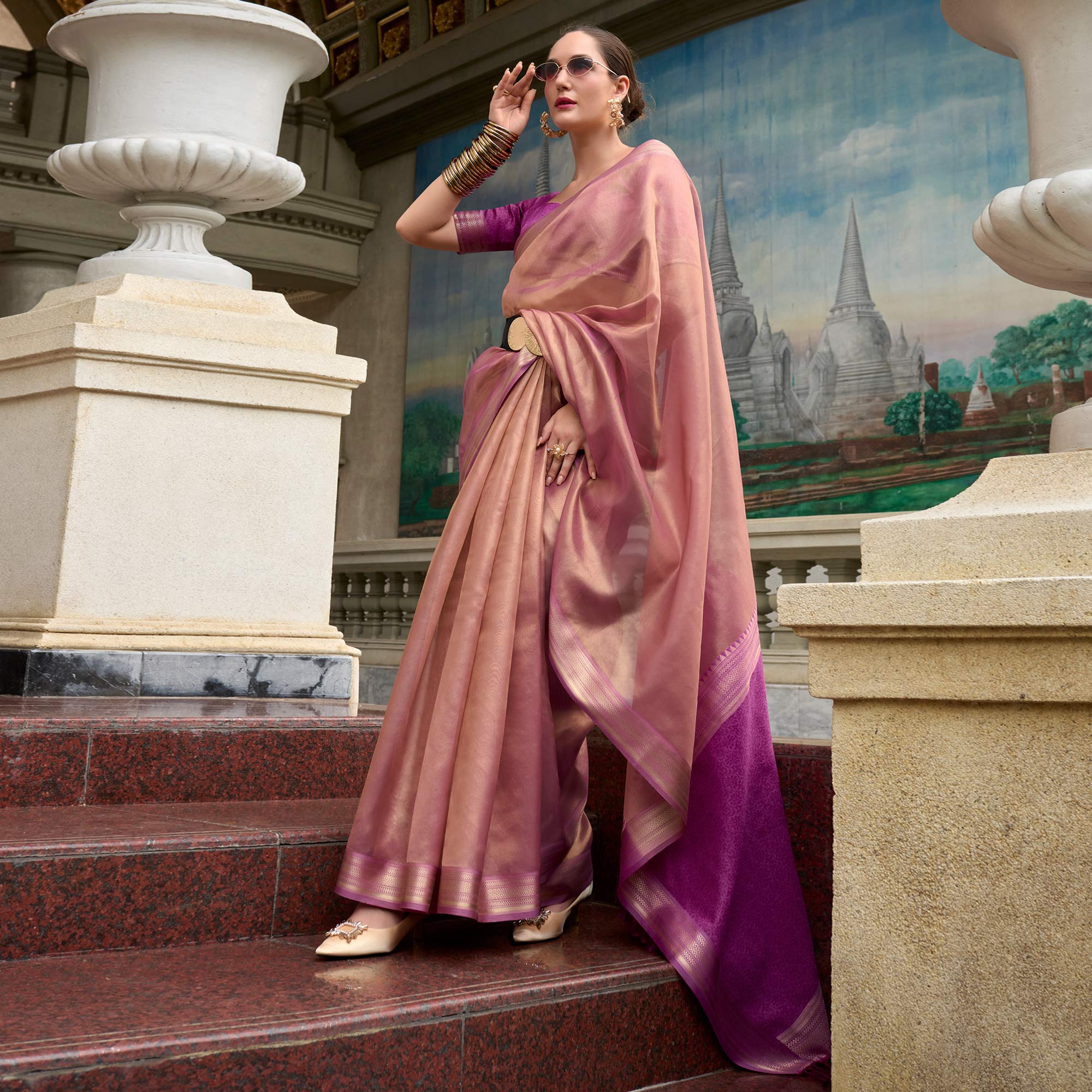 Light Mauve Woven Tissue Silk Saree With Tassels