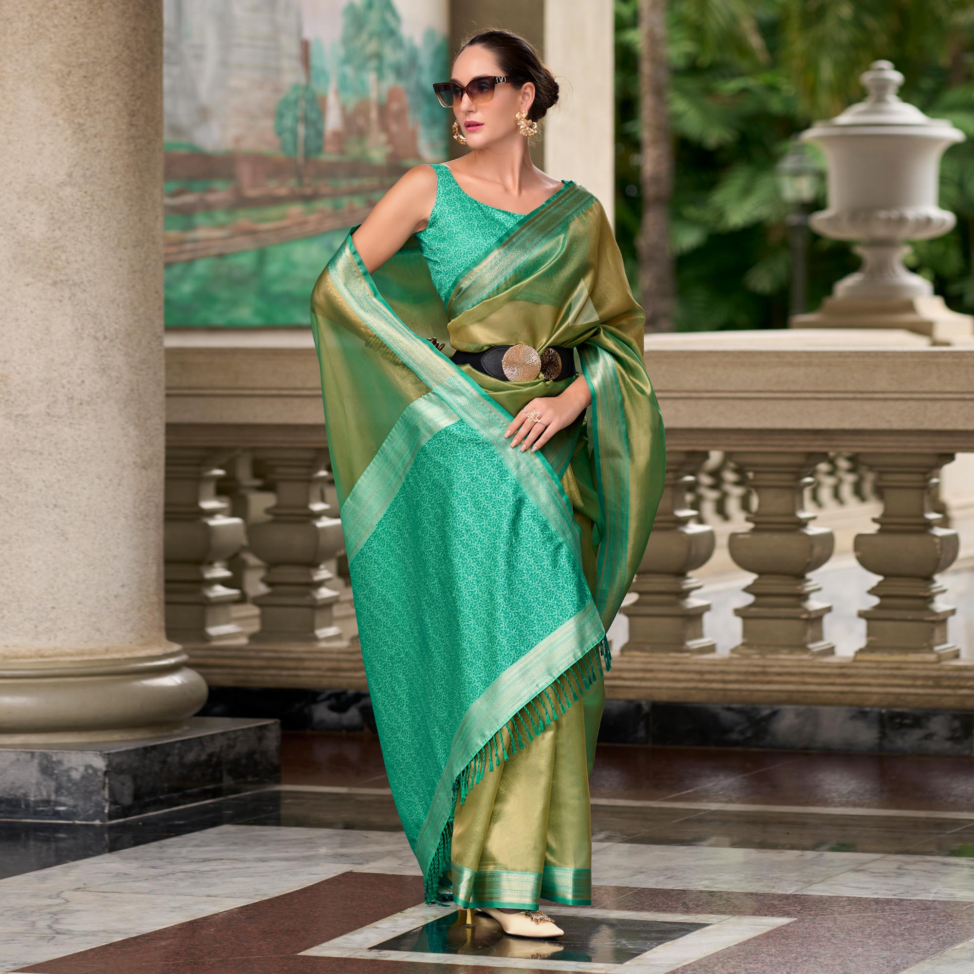 Green & Turquoise Woven Tissue Silk Saree With Tassels