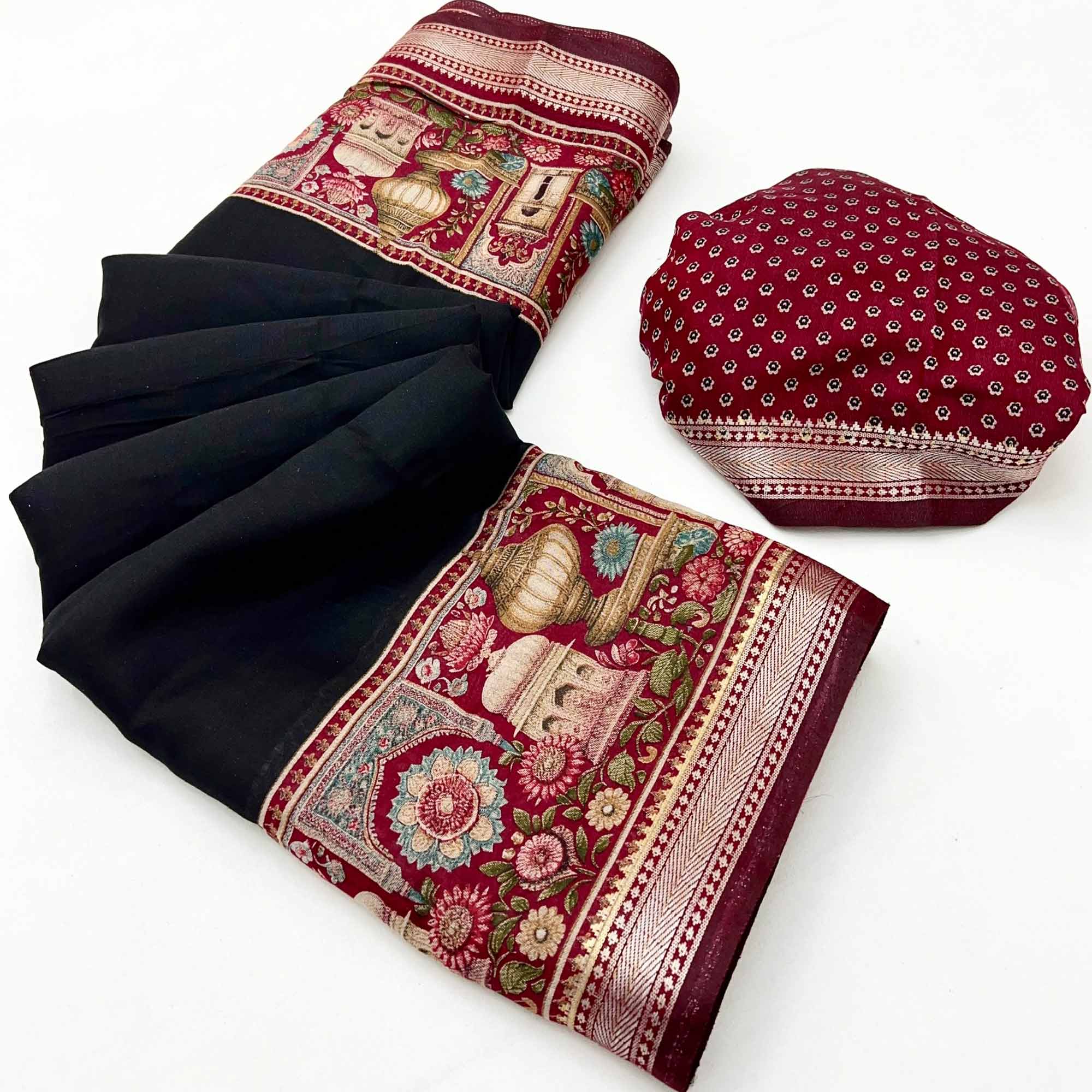 Traditional Print Mulmul Cotton Saree in Black with Elegant Zari Border