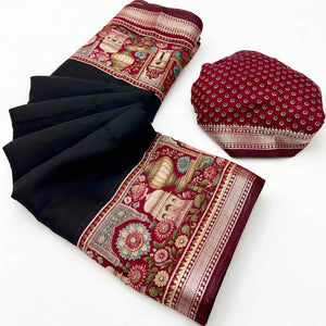 Traditional Print Mulmul Cotton Saree in Black with Elegant Zari Border