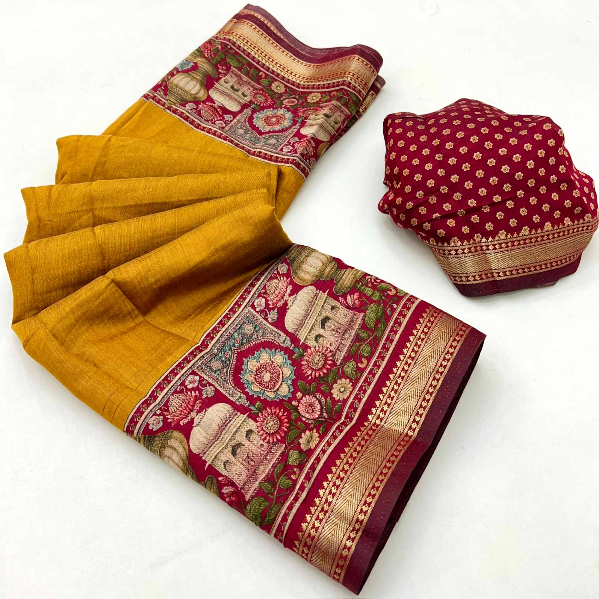 Traditional Print Mulmul Cotton Saree in Mustard with Elegant Zari Border