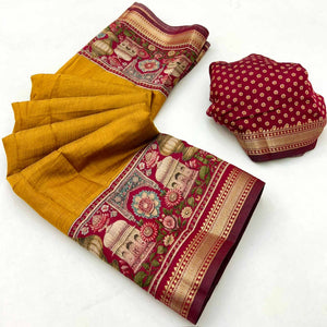 Traditional Print Mulmul Cotton Saree in Mustard with Elegant Zari Border