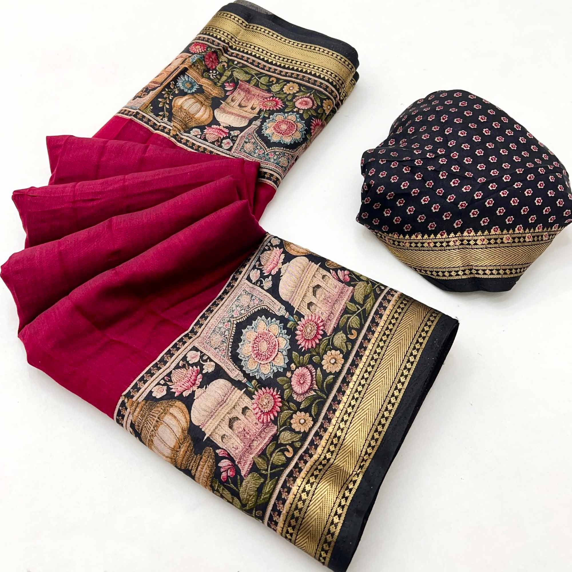 Traditional Print Mulmul Cotton Saree in Magenta with Elegant Zari Border