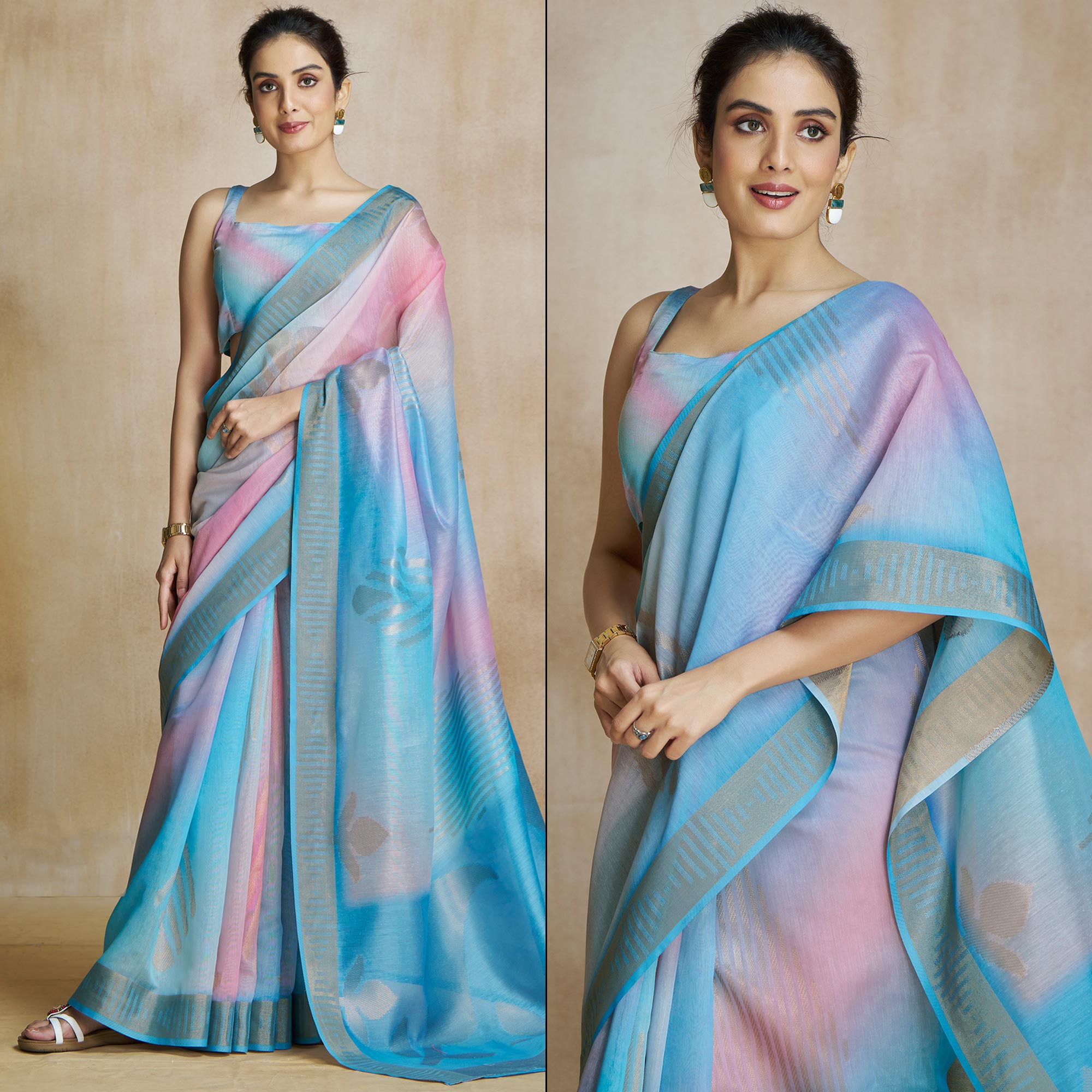 Blue Digital Printed With Woven Pure Silk Ombre Saree