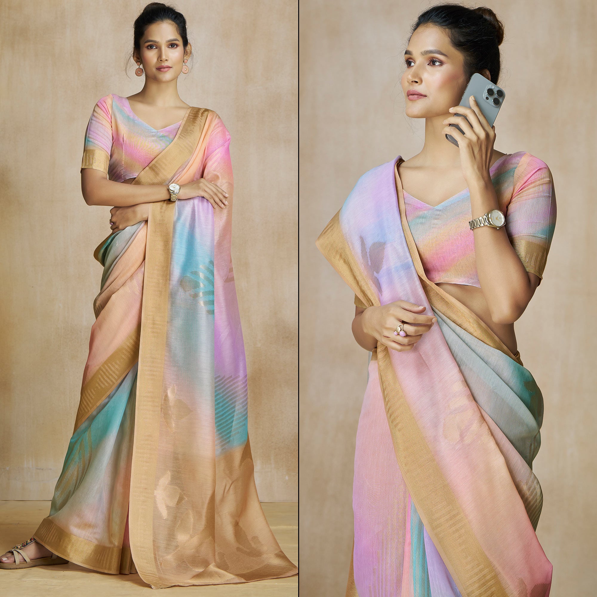 Chikoo Digital Printed With Woven Pure Silk Ombre Saree