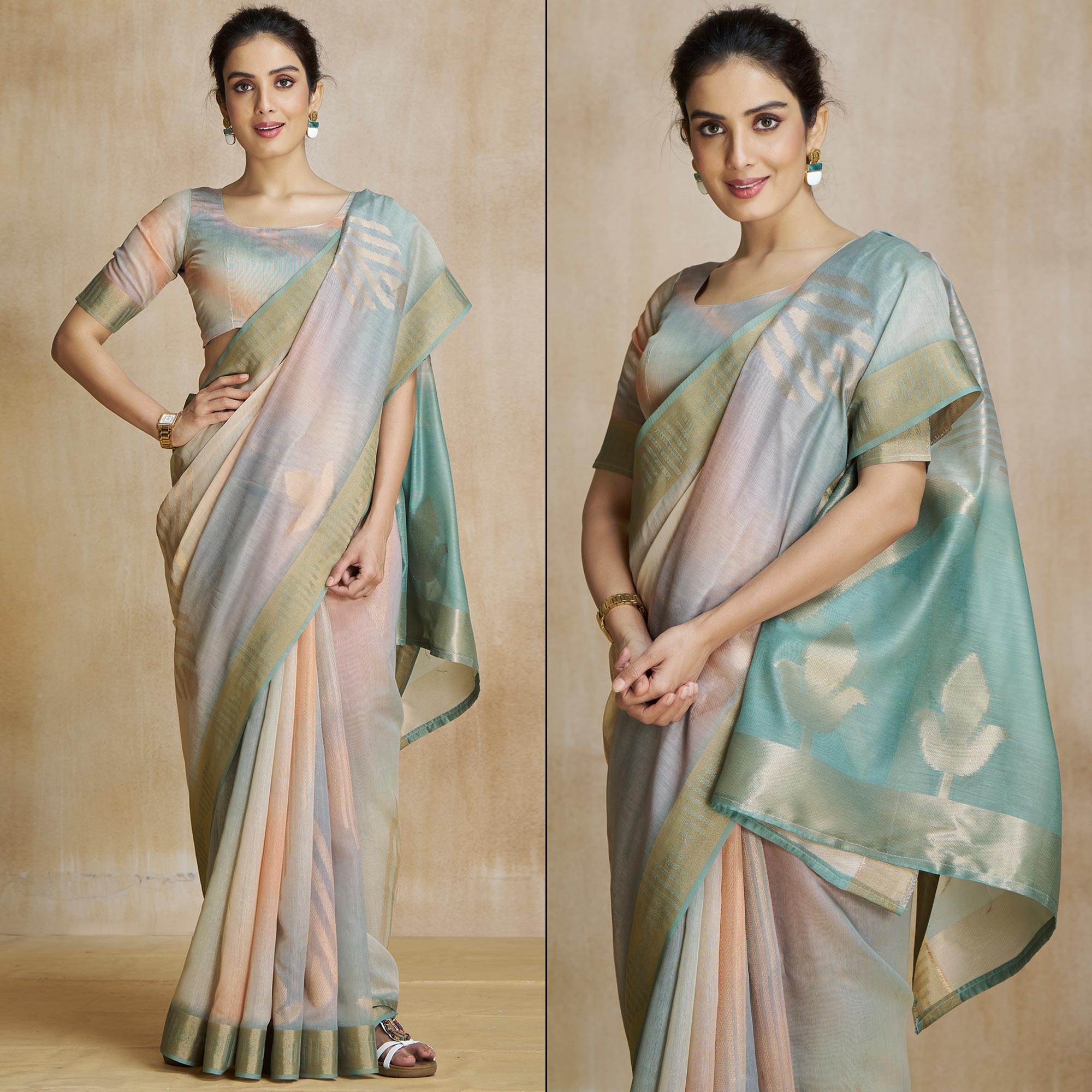 Sea Green Digital Printed With Woven Pure Silk Ombre Saree