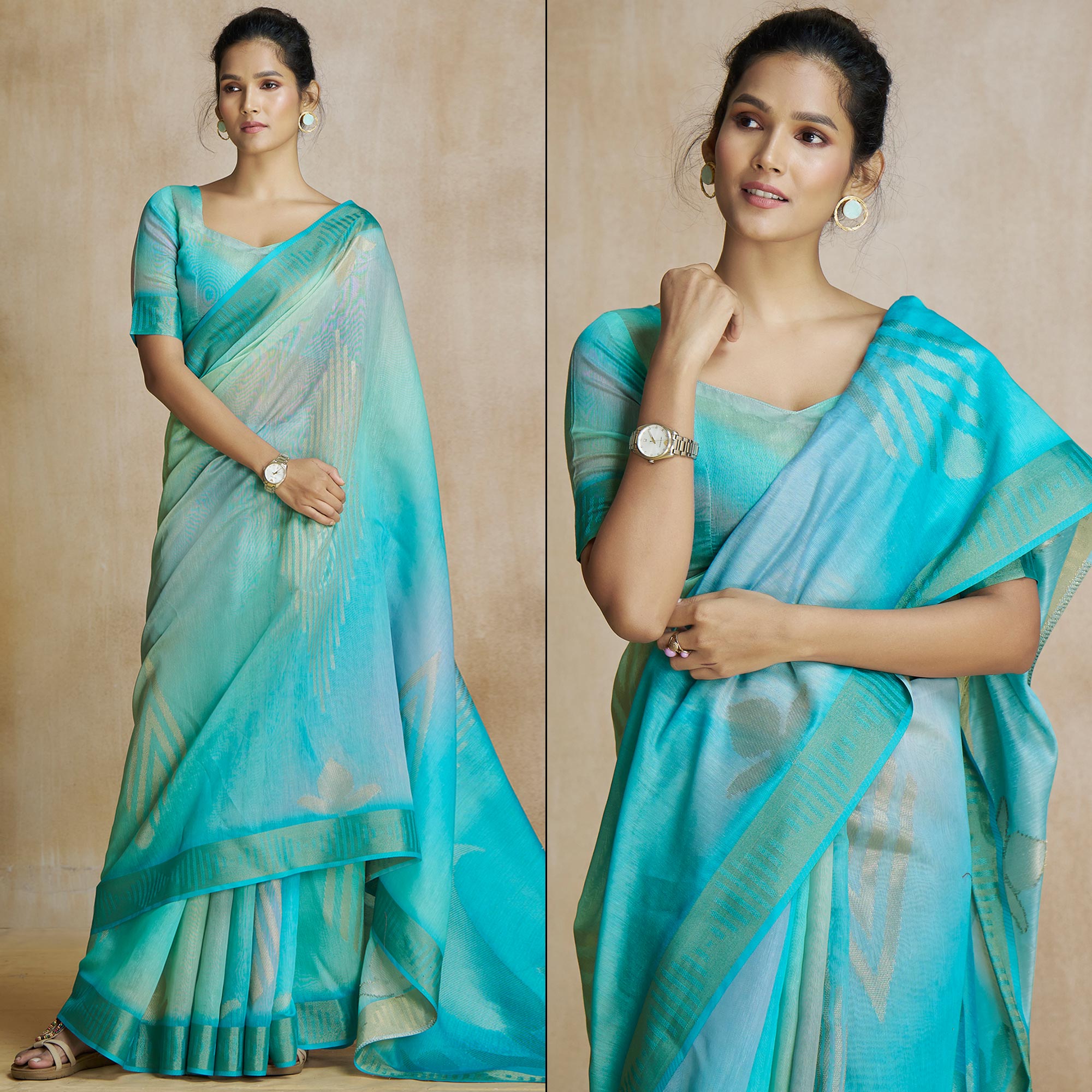 Turquoise Digital Printed With Woven Pure Silk Ombre Saree