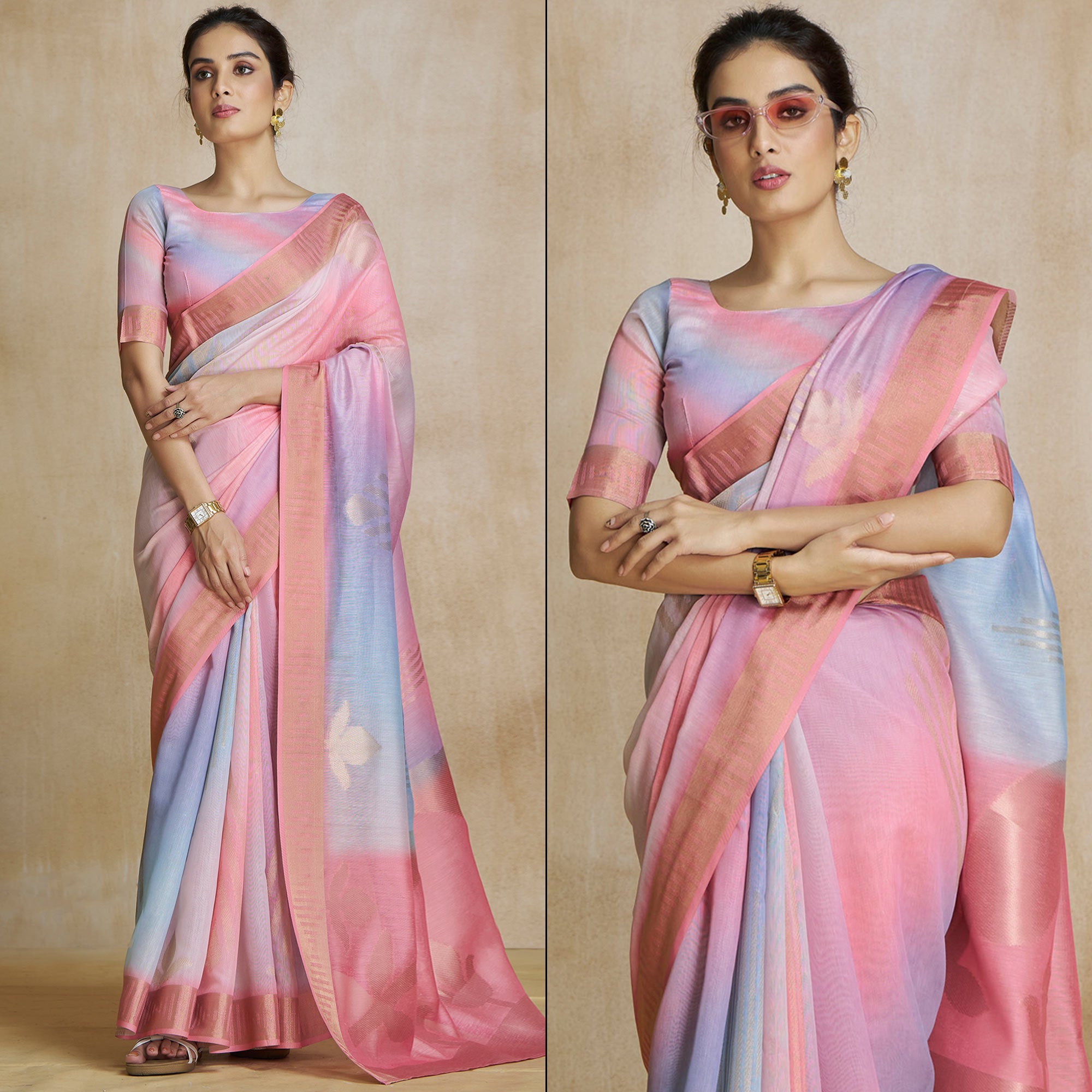 Pink Digital Printed With Woven Pure Silk Ombre Saree