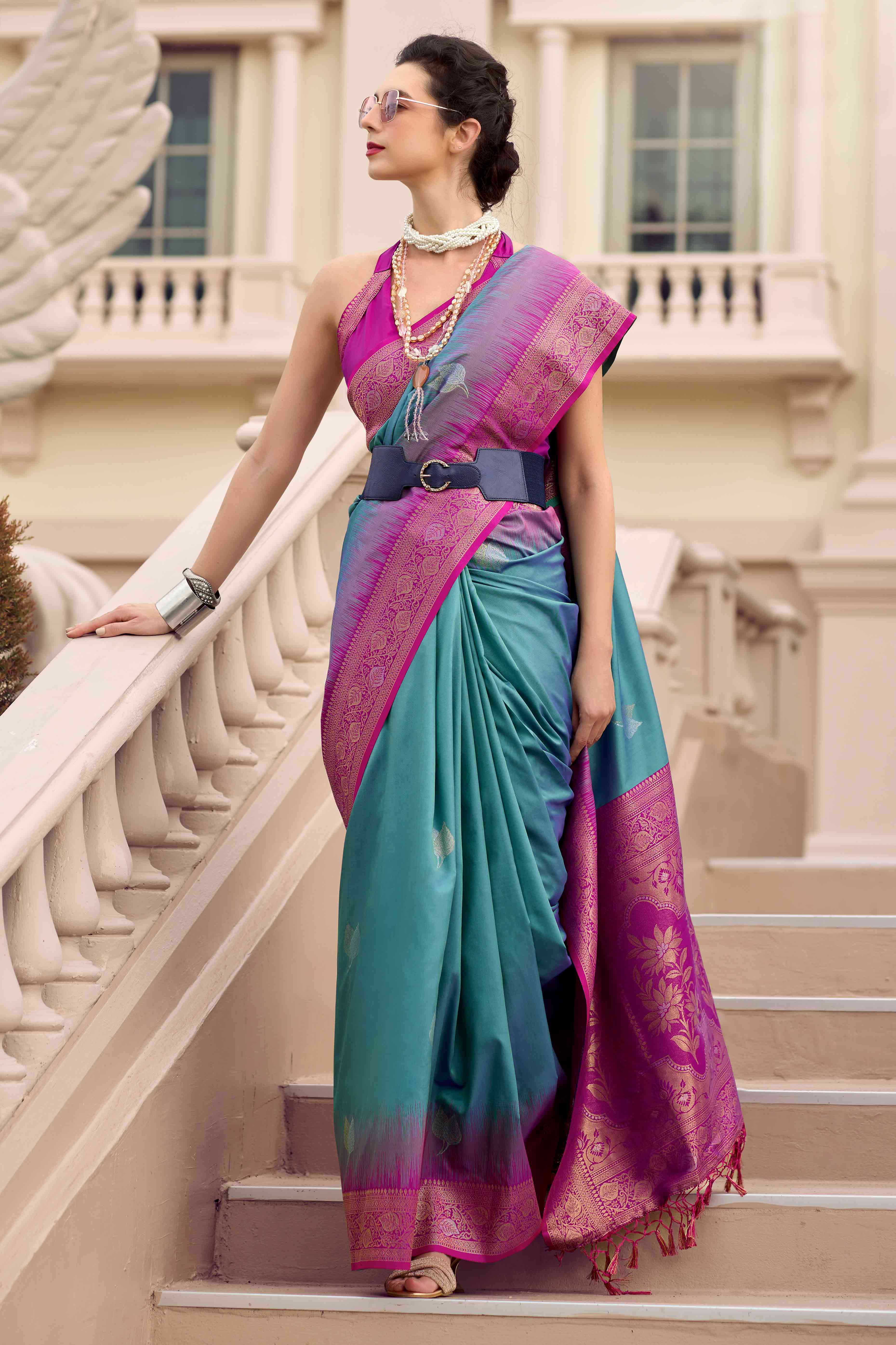 Dusty Teal Zari Weaving Pure Silk Saree