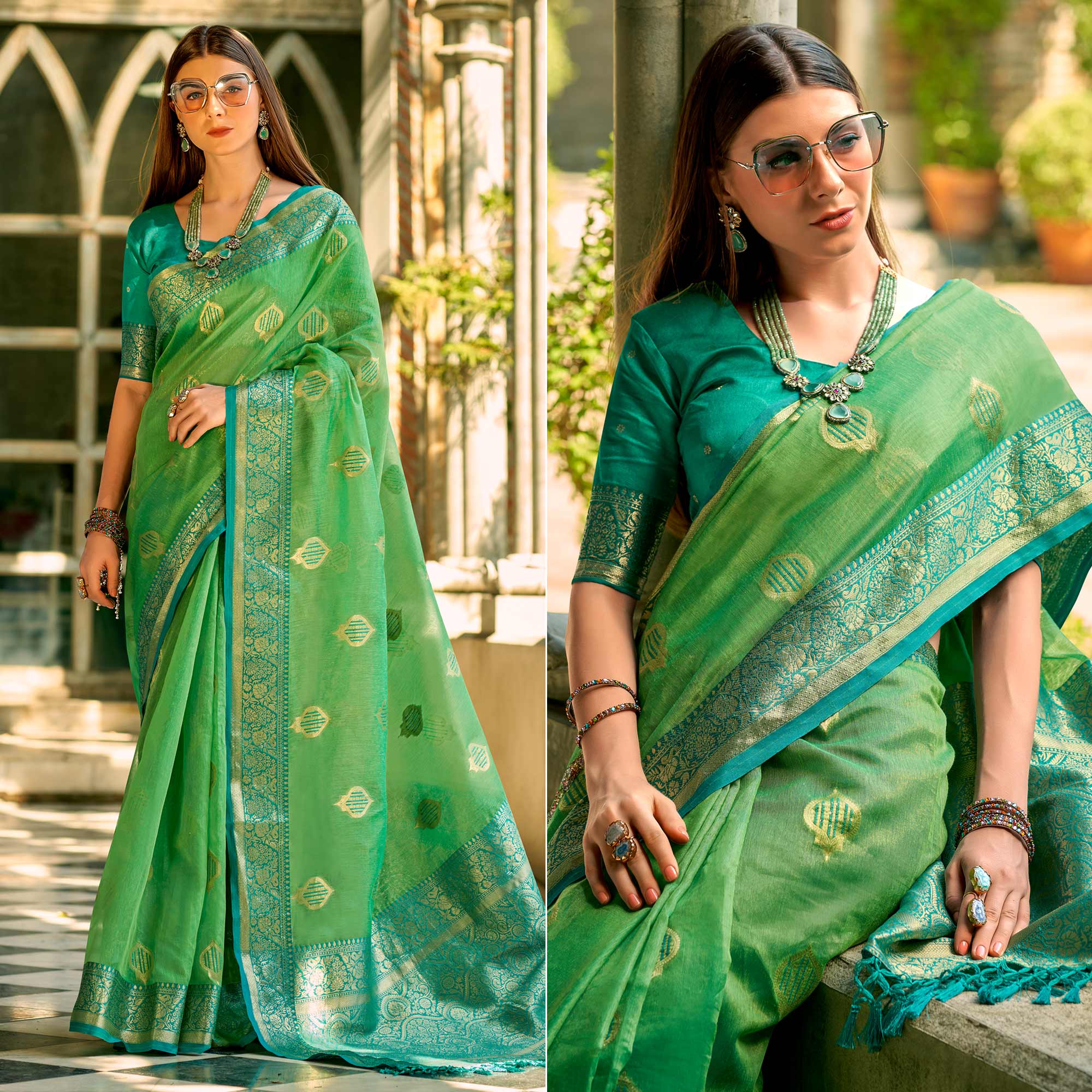 Green Floral Woven Tissue Silk Saree With Tassels