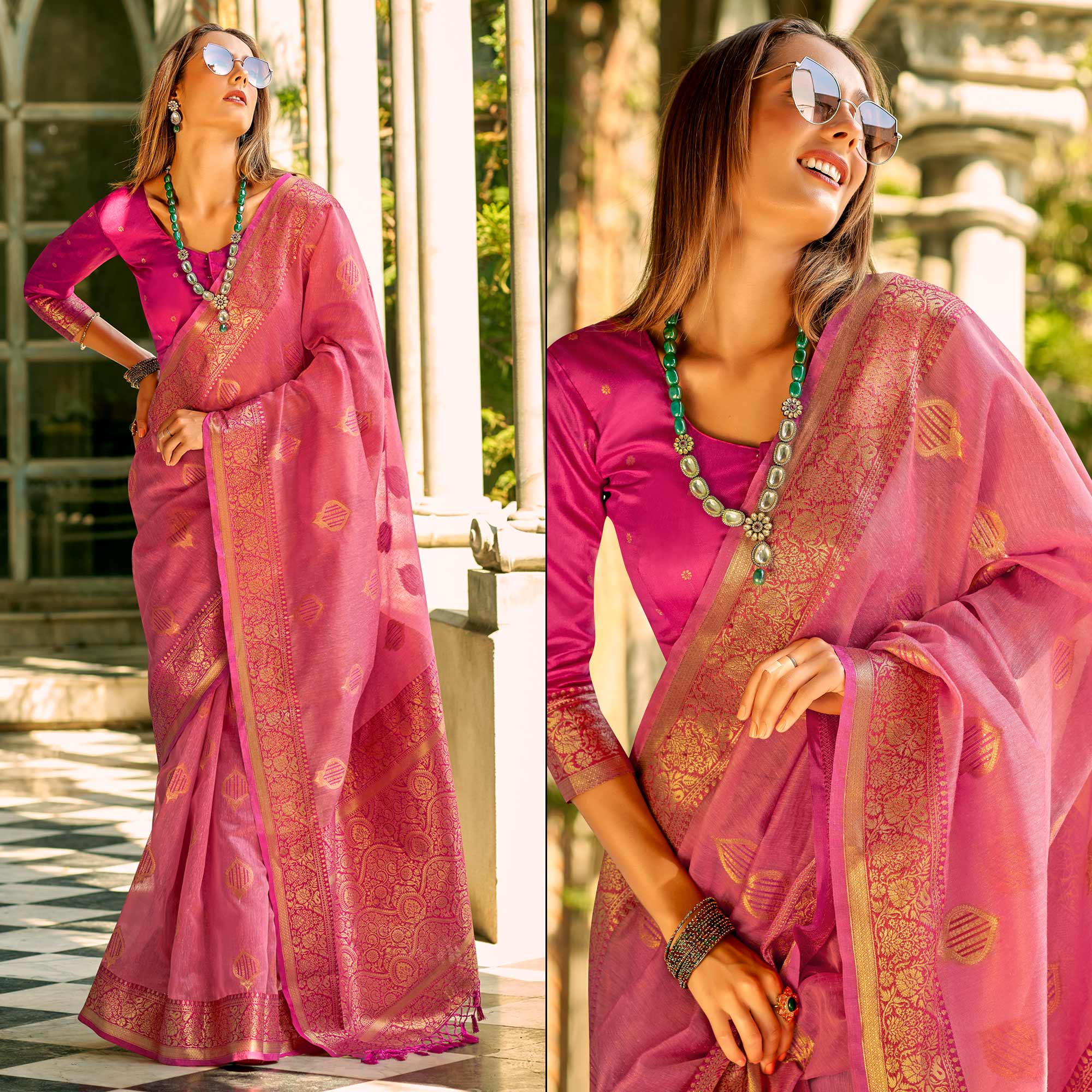 Pink Floral Woven Tissue Silk Saree With Tassels