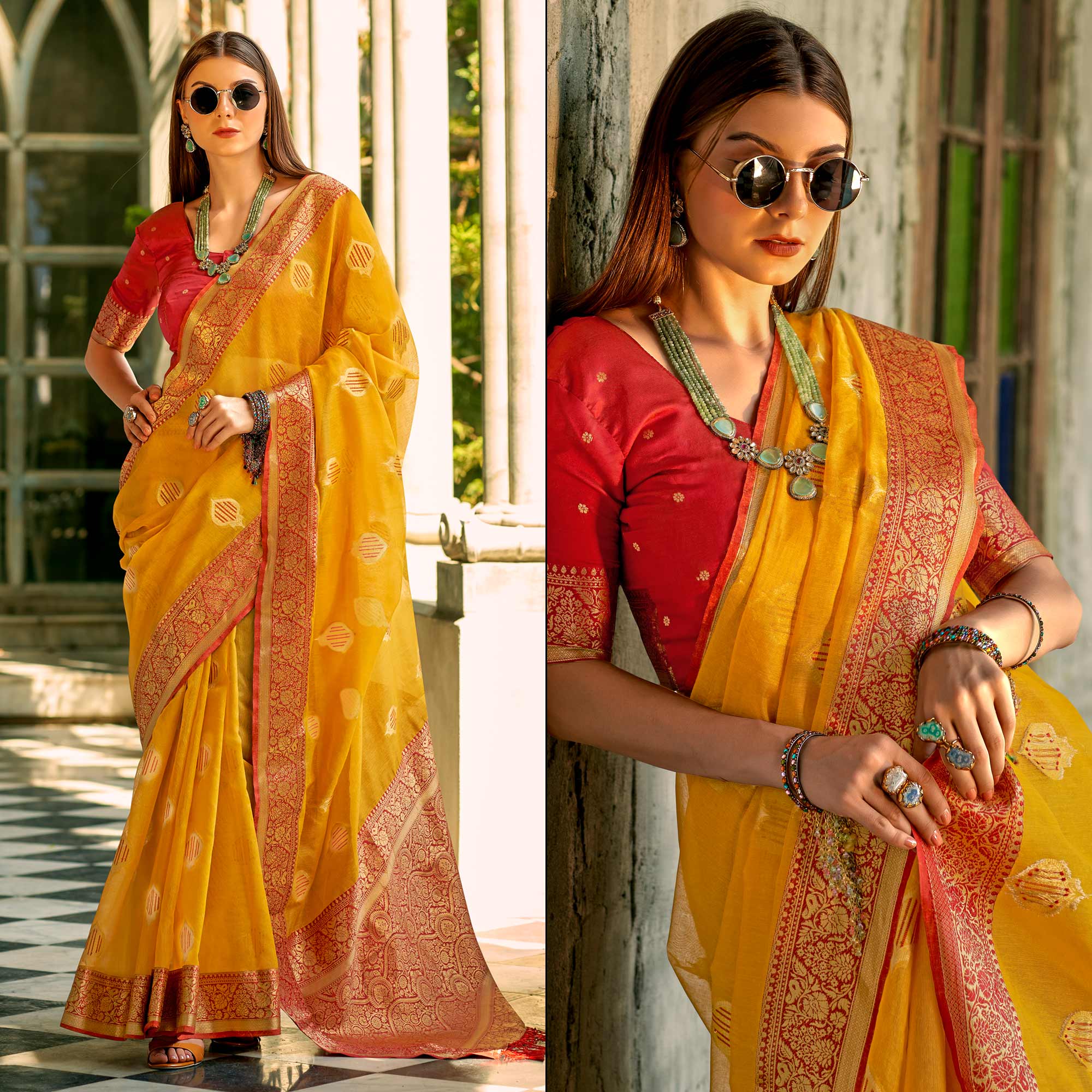 Yellow Floral Woven Tissue Silk Saree With Tassels