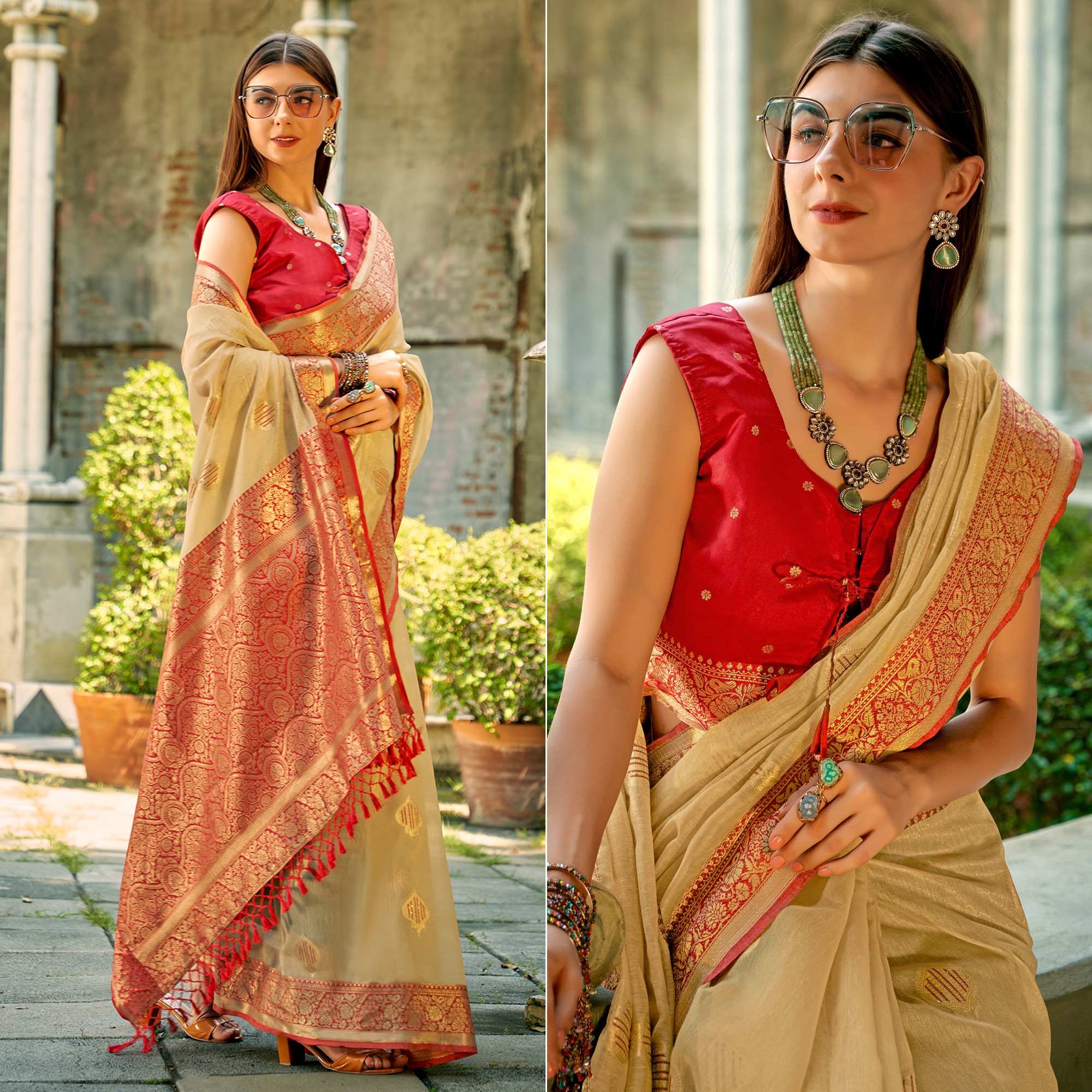 Chikoo Floral Woven Tissue Silk Saree With Tassels