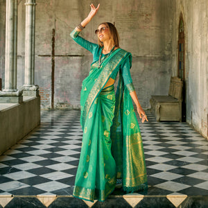 Rama Green Floral Woven Tissue Silk Saree With Tassels