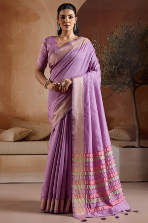 Graceful Lavender Zari Woven Bhagalpuri Silk Saree Accented With Tassel Pallu