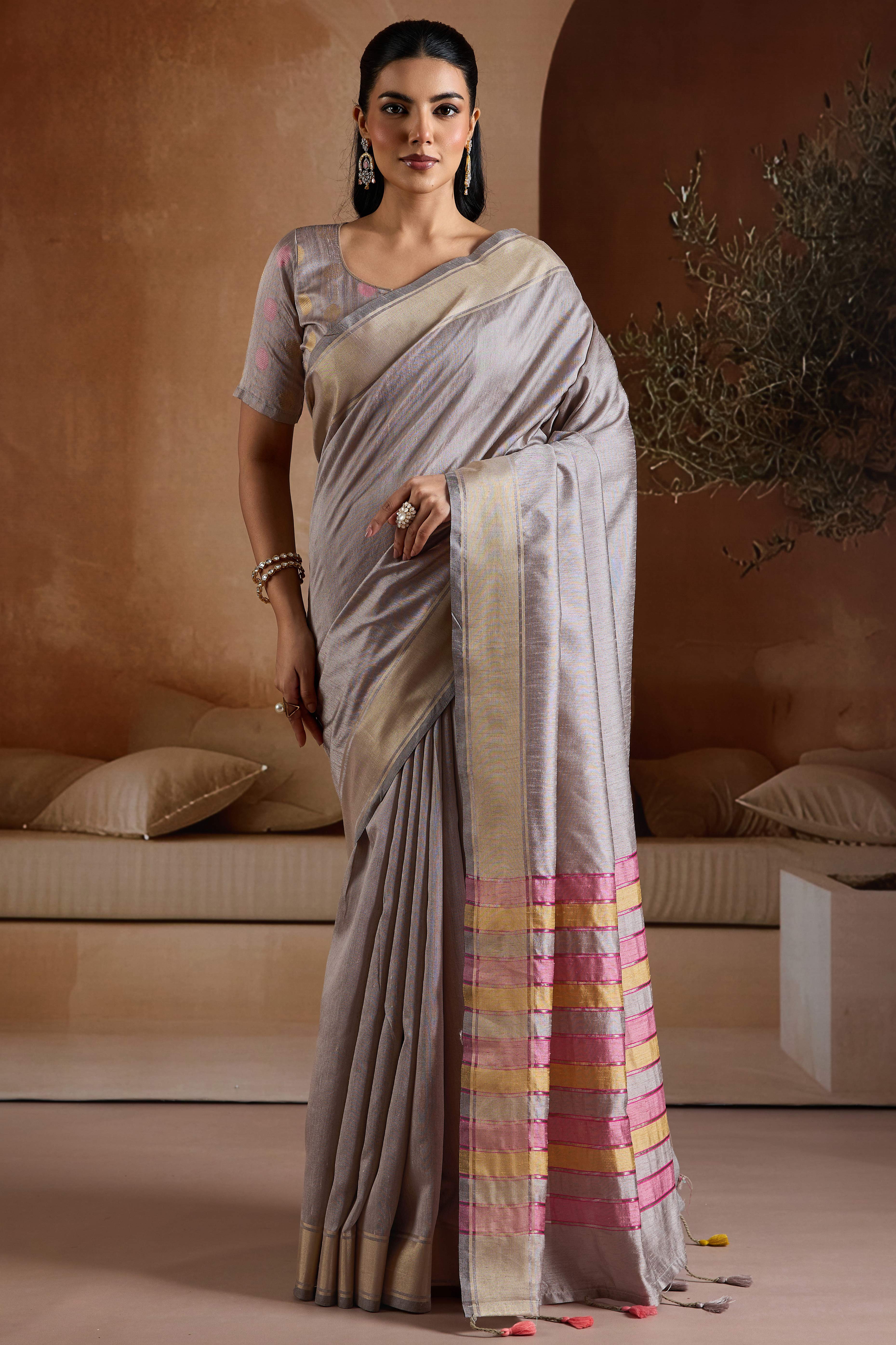 Graceful Grey Zari Woven Bhagalpuri Silk Saree Accented With Tassel Pallu