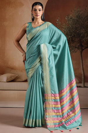 Graceful Turquoise Zari Woven Bhagalpuri Silk Saree Accented With Tassel Pallu