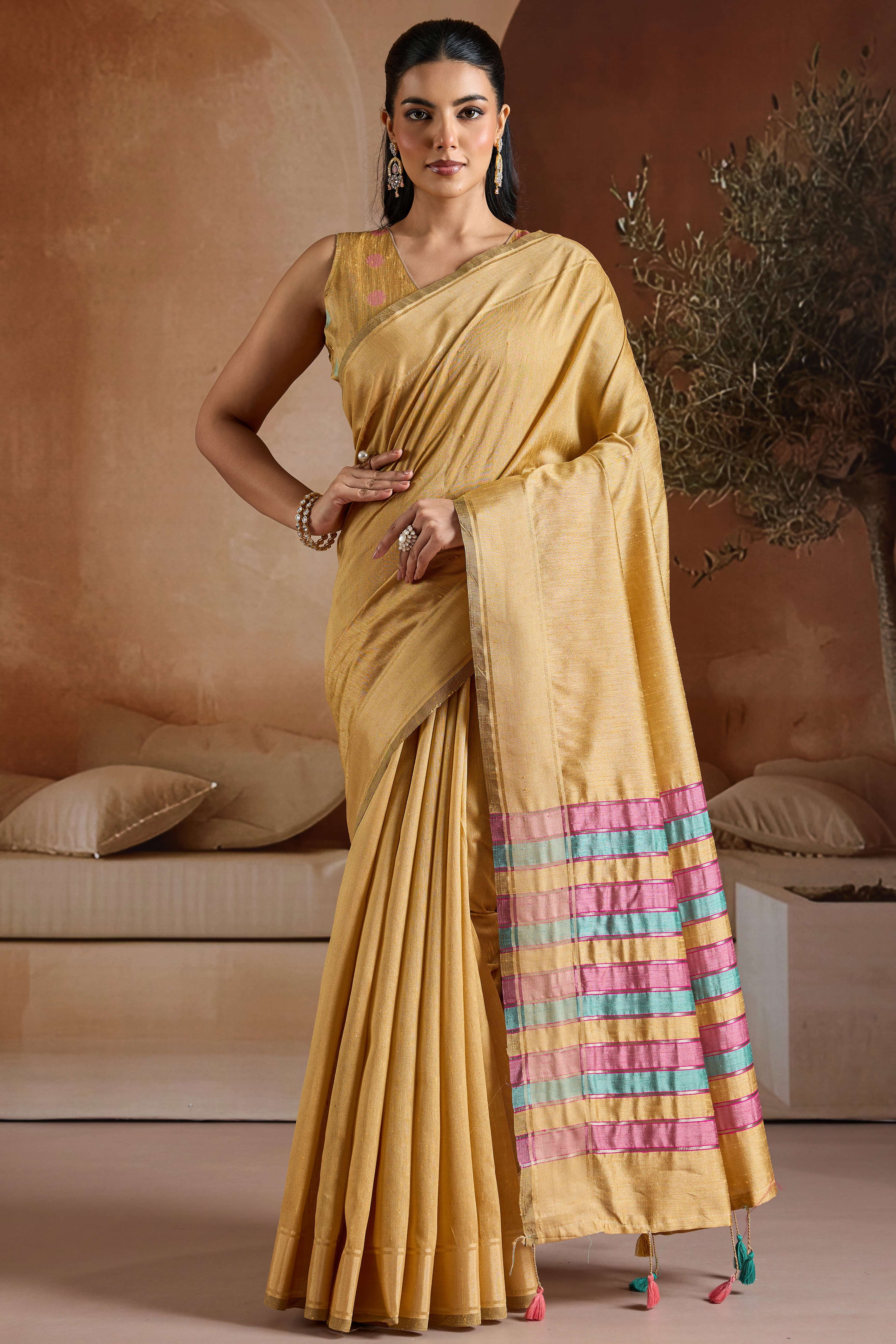 Graceful Chikoo Zari Woven Bhagalpuri Silk Saree Accented With Tassel Pallu