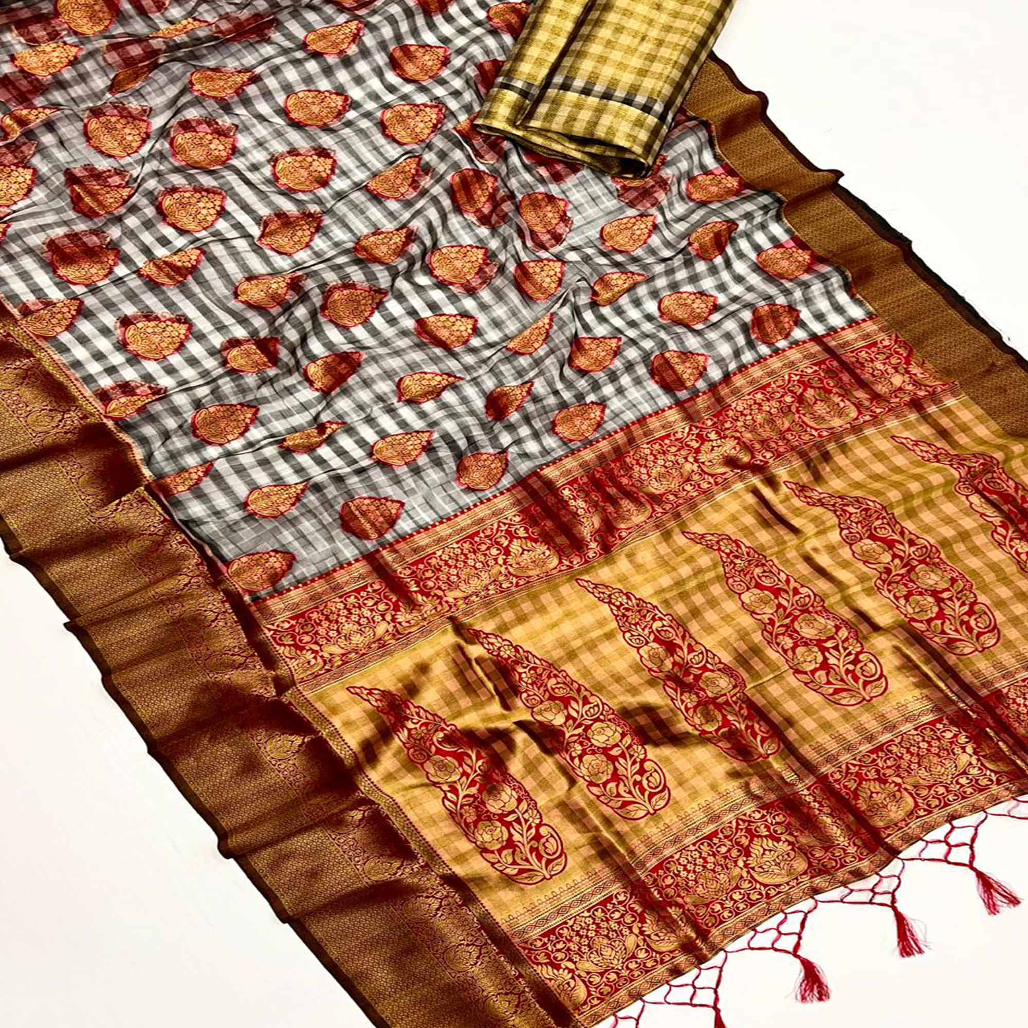 Red Checks Woven Organza Saree With Tassels