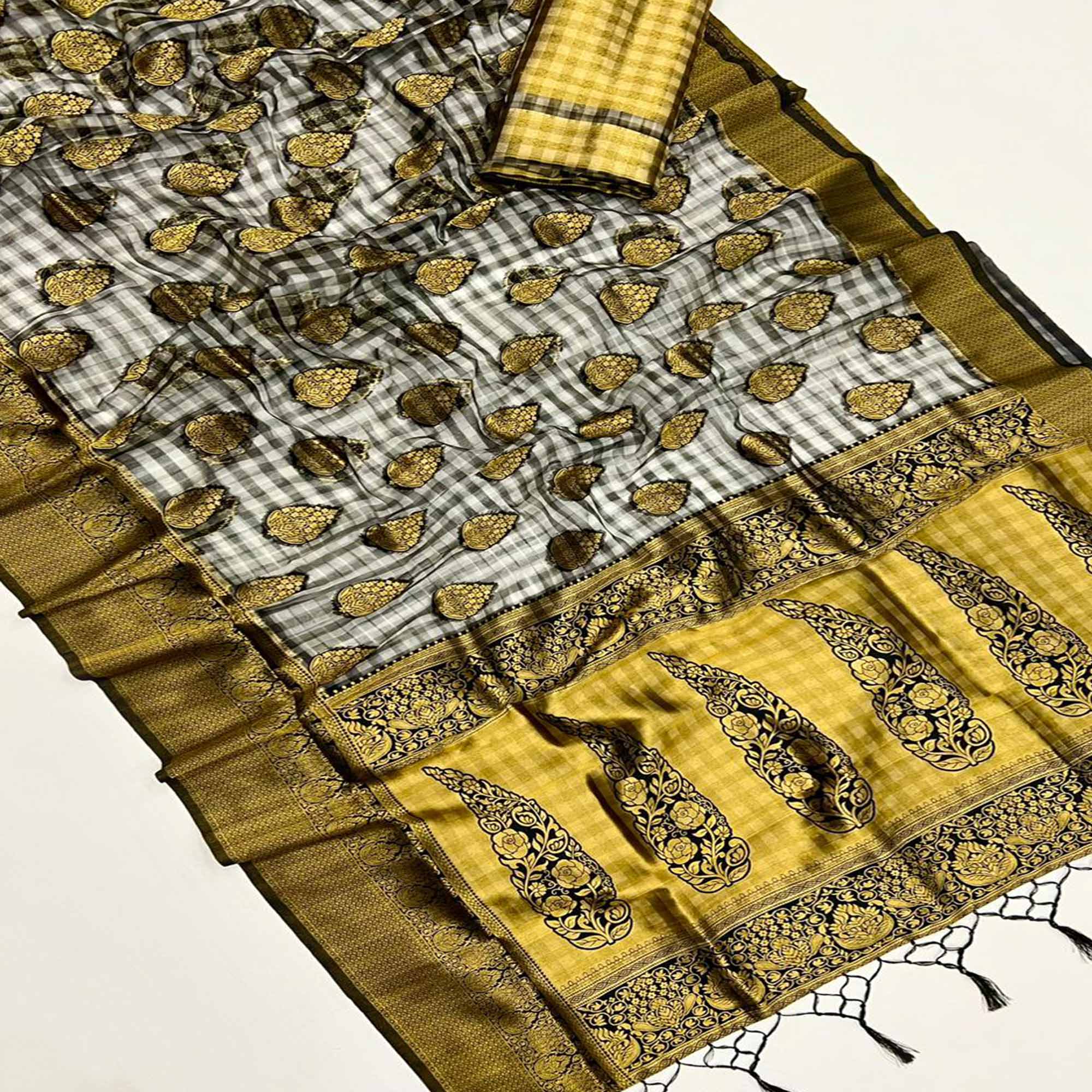 Black Checks Woven Organza Saree With Tassels