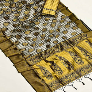 Black Checks Woven Organza Saree With Tassels