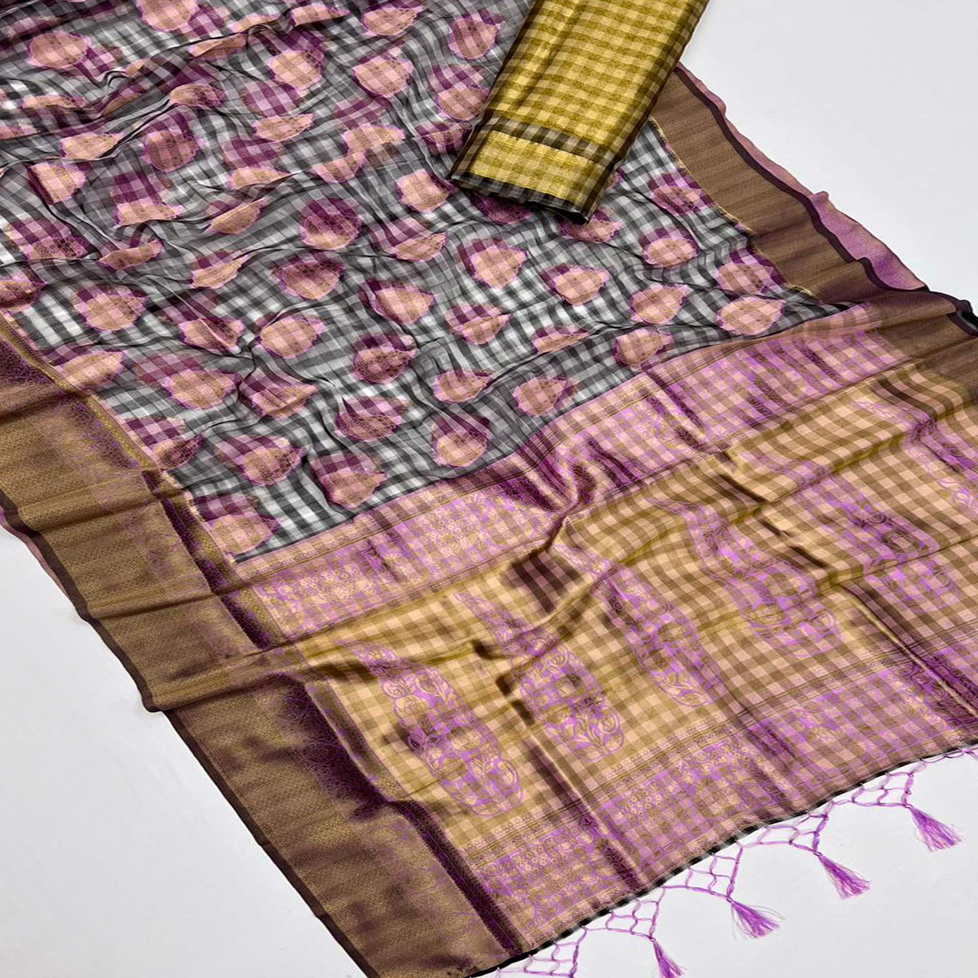 Purple Checks Woven Organza Saree With Tassels