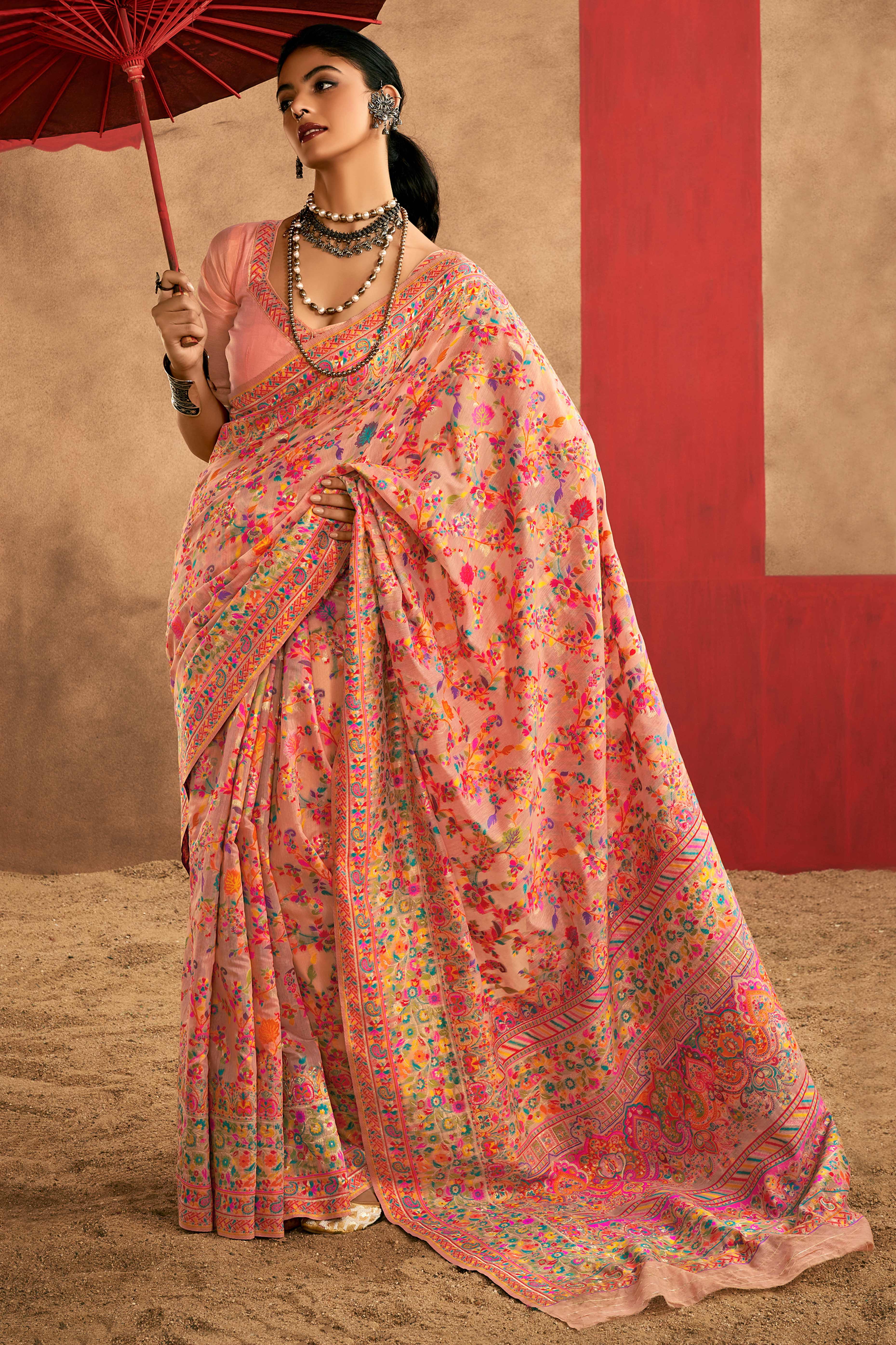 Graceful Peach Floral Weaving Pashmina Modal Cotton Blend Saree With Timeless Appeal
