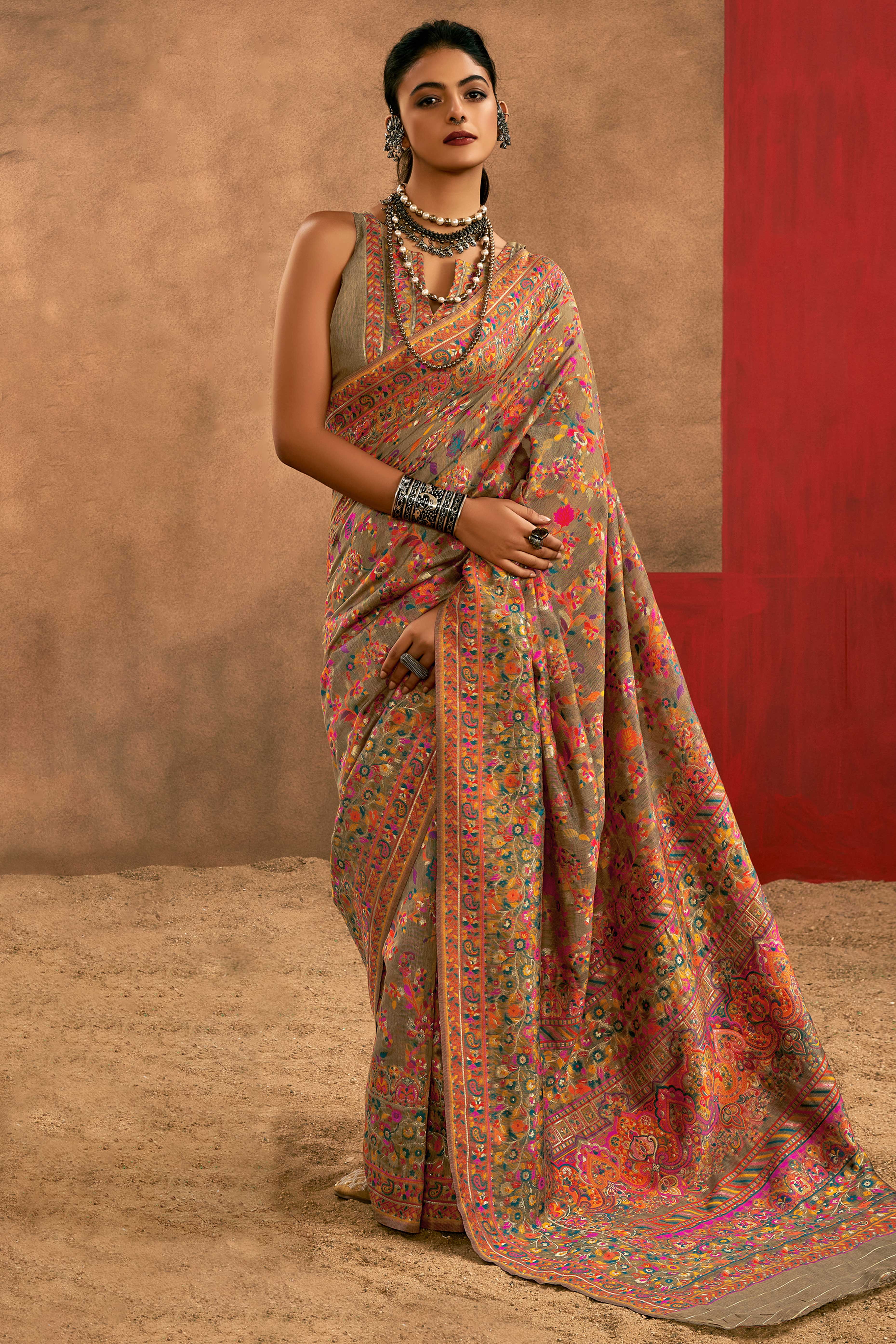 Graceful Dark Chikoo Floral Weaving Pashmina Modal Cotton Blend Saree With Timeless Appeal