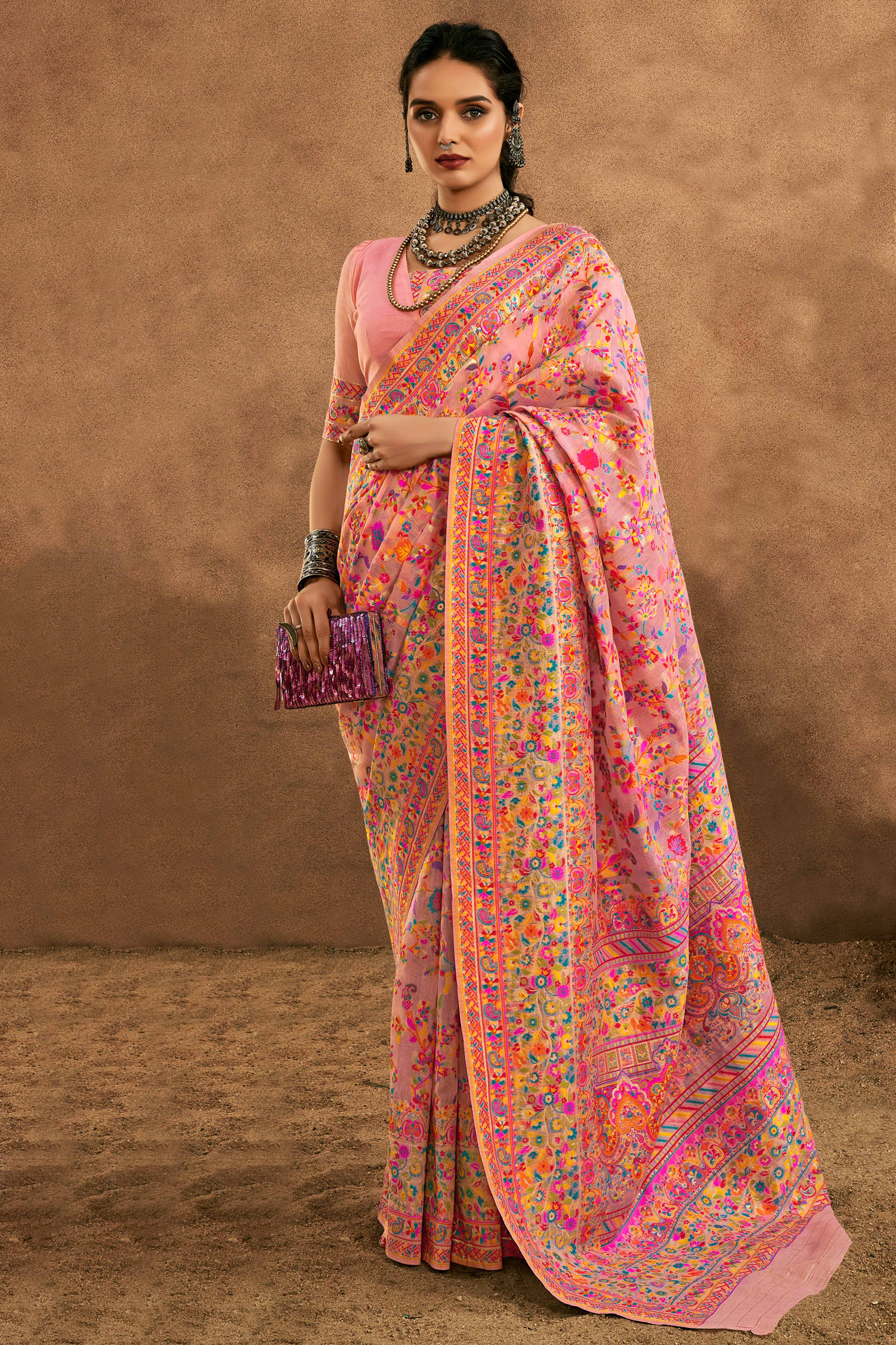 Graceful Pink Floral Weaving Pashmina Modal Cotton Blend Saree With Timeless Appeal