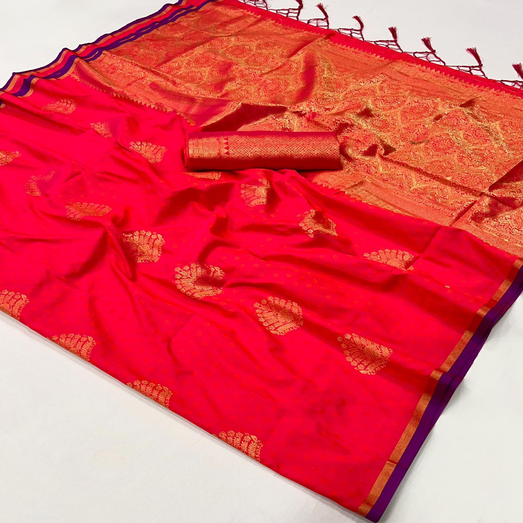 Rani Pink Zari Work Woven Mulberry Silk Saree