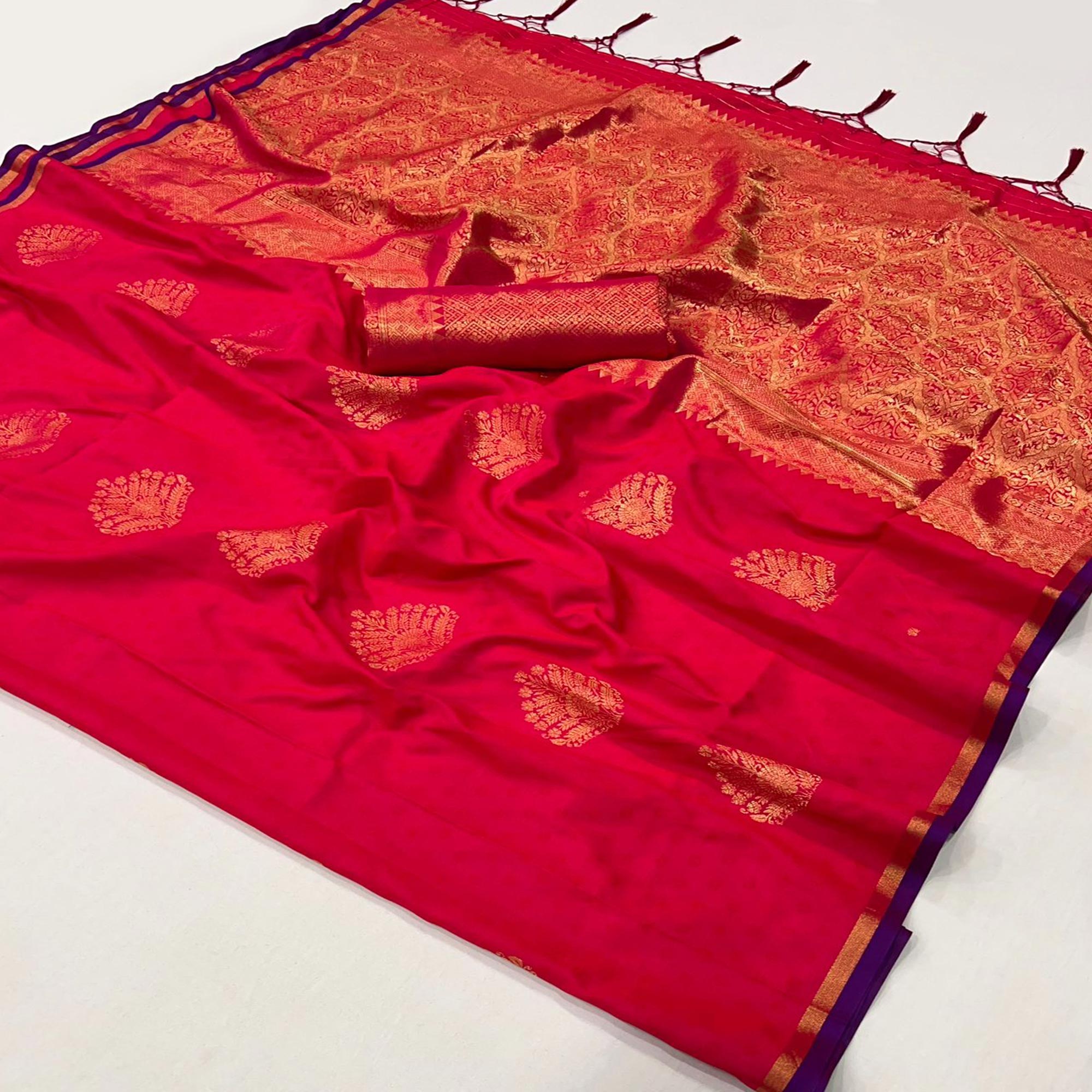 Pink Zari Work Woven Mulberry Silk Saree