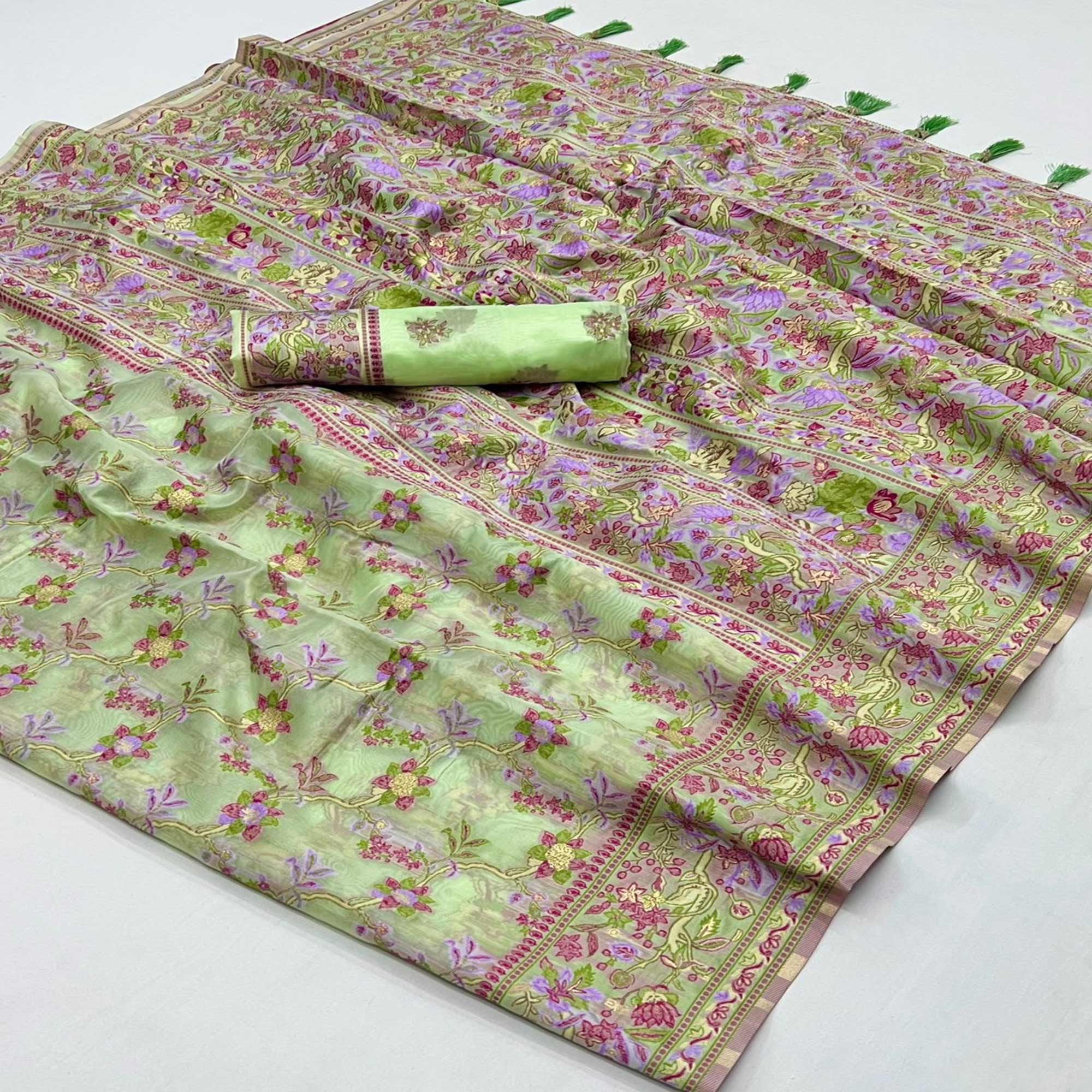 Pista Green Parsi Woven Organza Saree