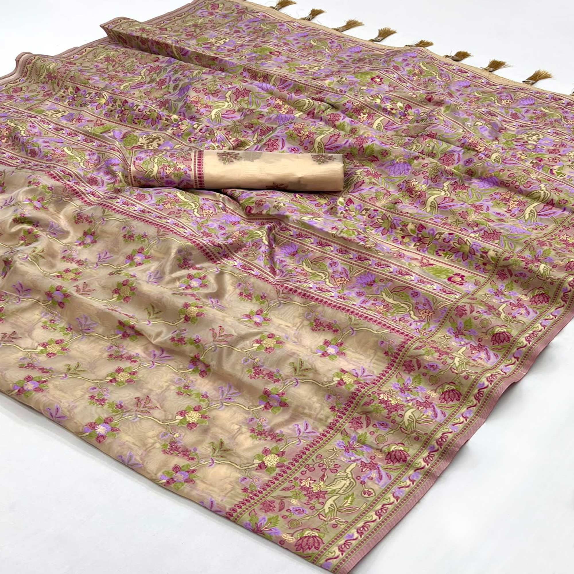 Beige Parsi Woven Organza Saree