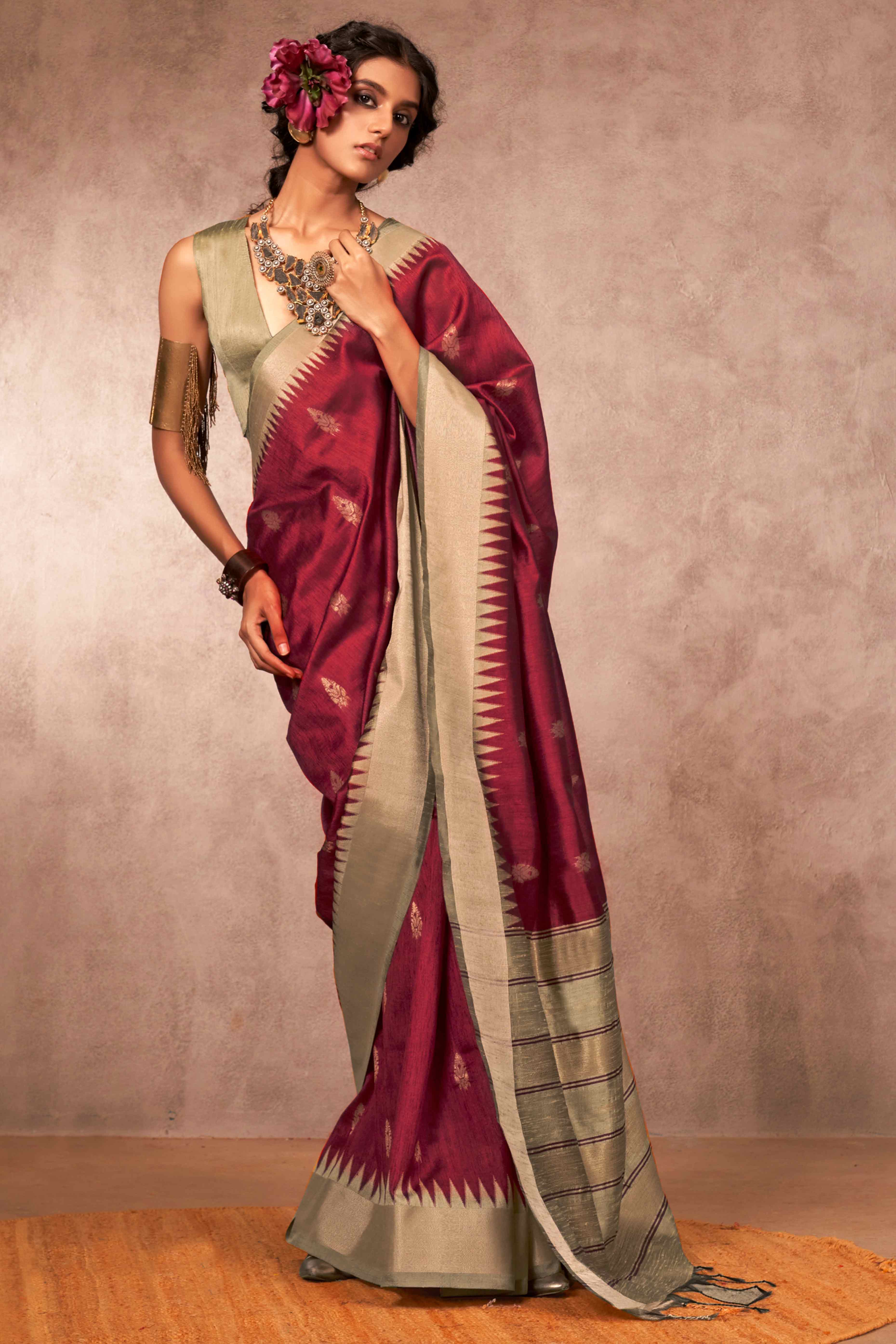 Traditional Bhagalpuri Silk Saree with Gadwal-Inspired Maroon Zari Weaving
