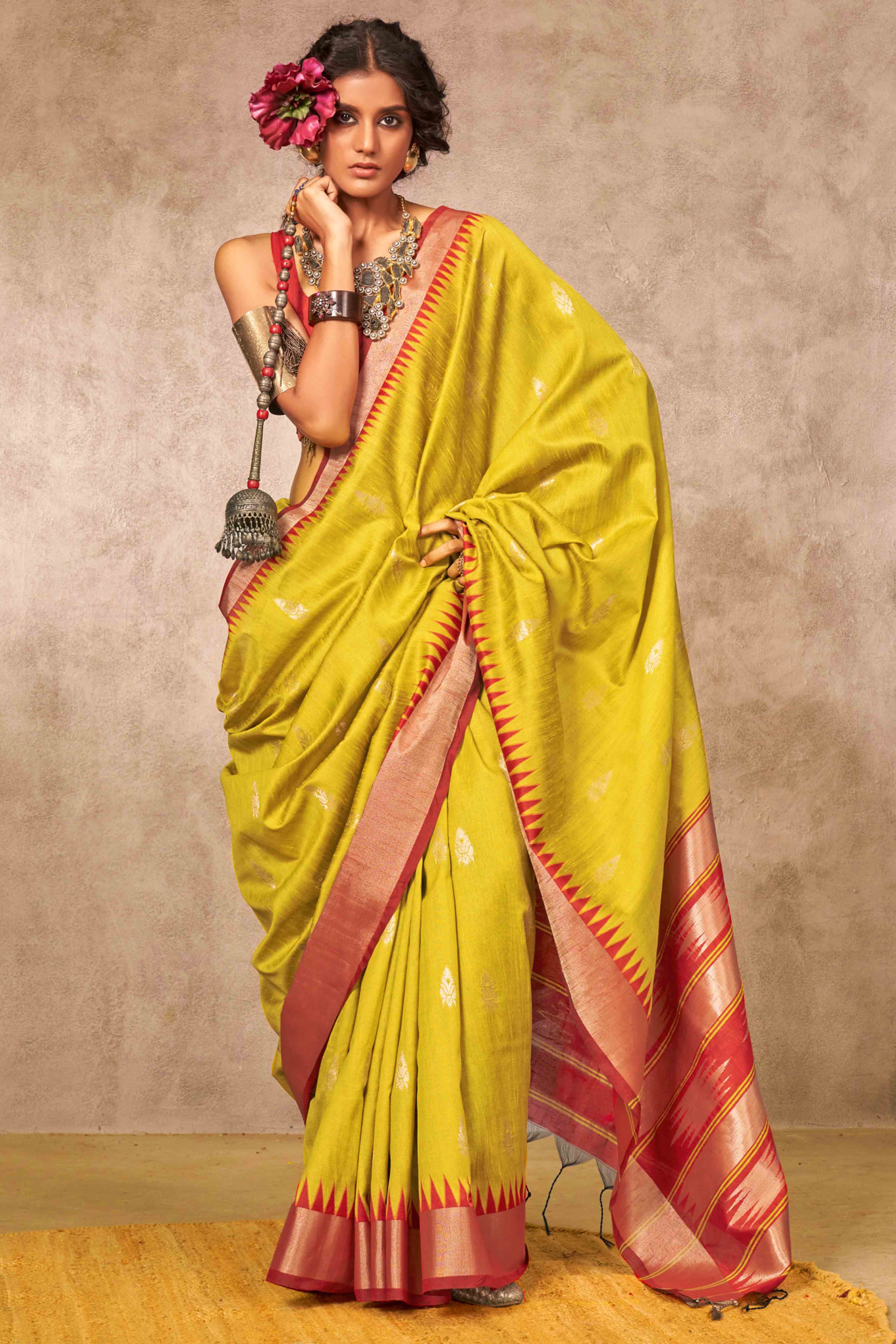 Traditional Bhagalpuri Silk Saree with Gadwal-Inspired Mustard Zari Weaving
