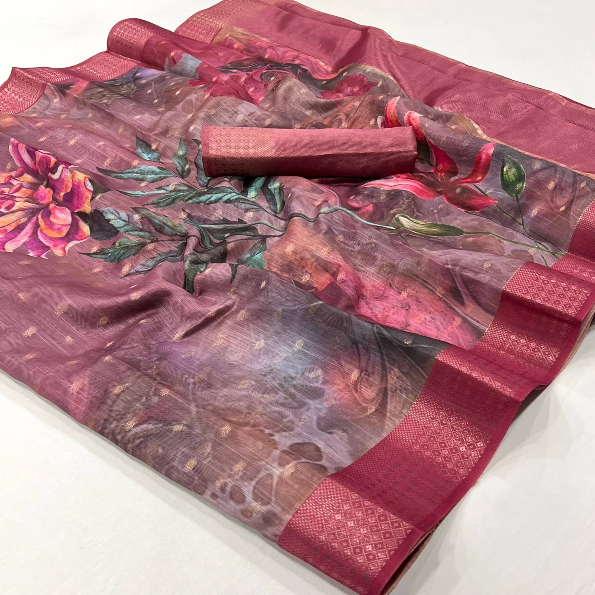 Pink Floral Digital Printed Linen Saree