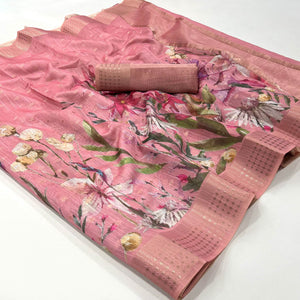 Pink Floral Digital Printed Linen Saree