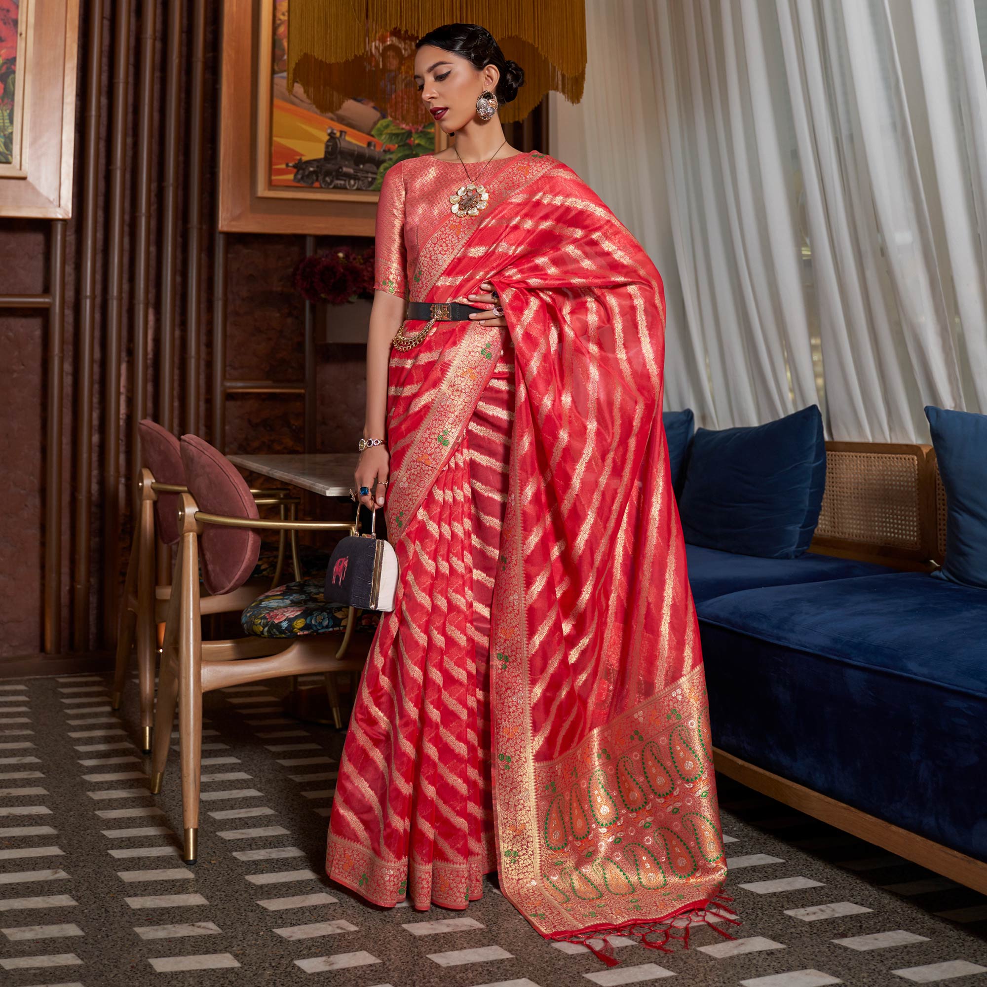 Red Woven Organza Saree With Tassels