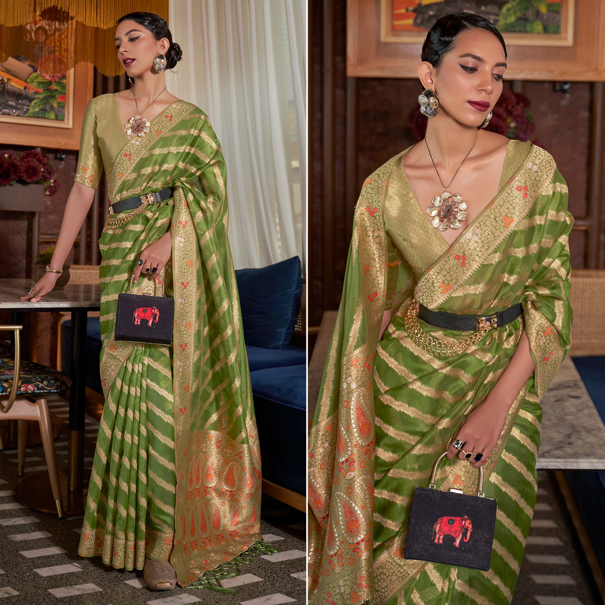 Green Woven Organza Saree With Tassels