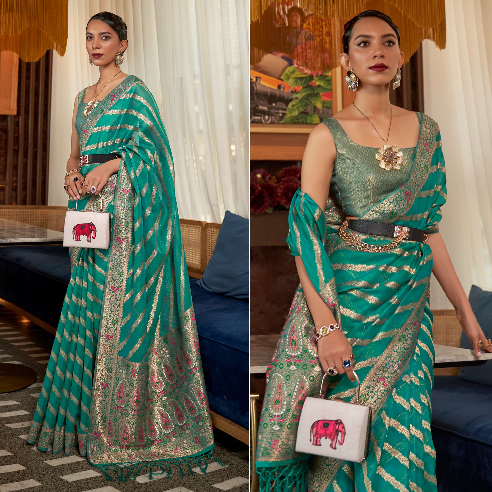 Rama Green Woven Organza Saree With Tassels