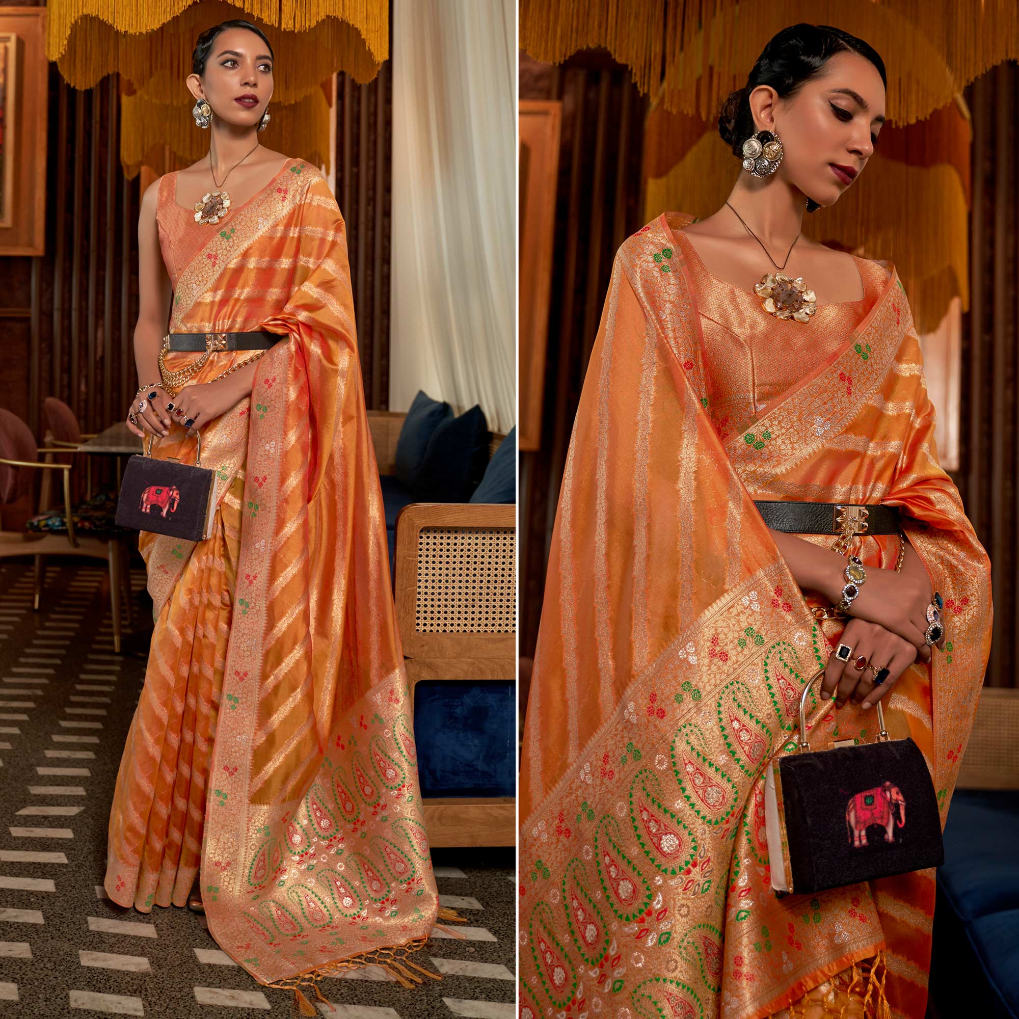 Orange Woven Organza Saree With Tassels