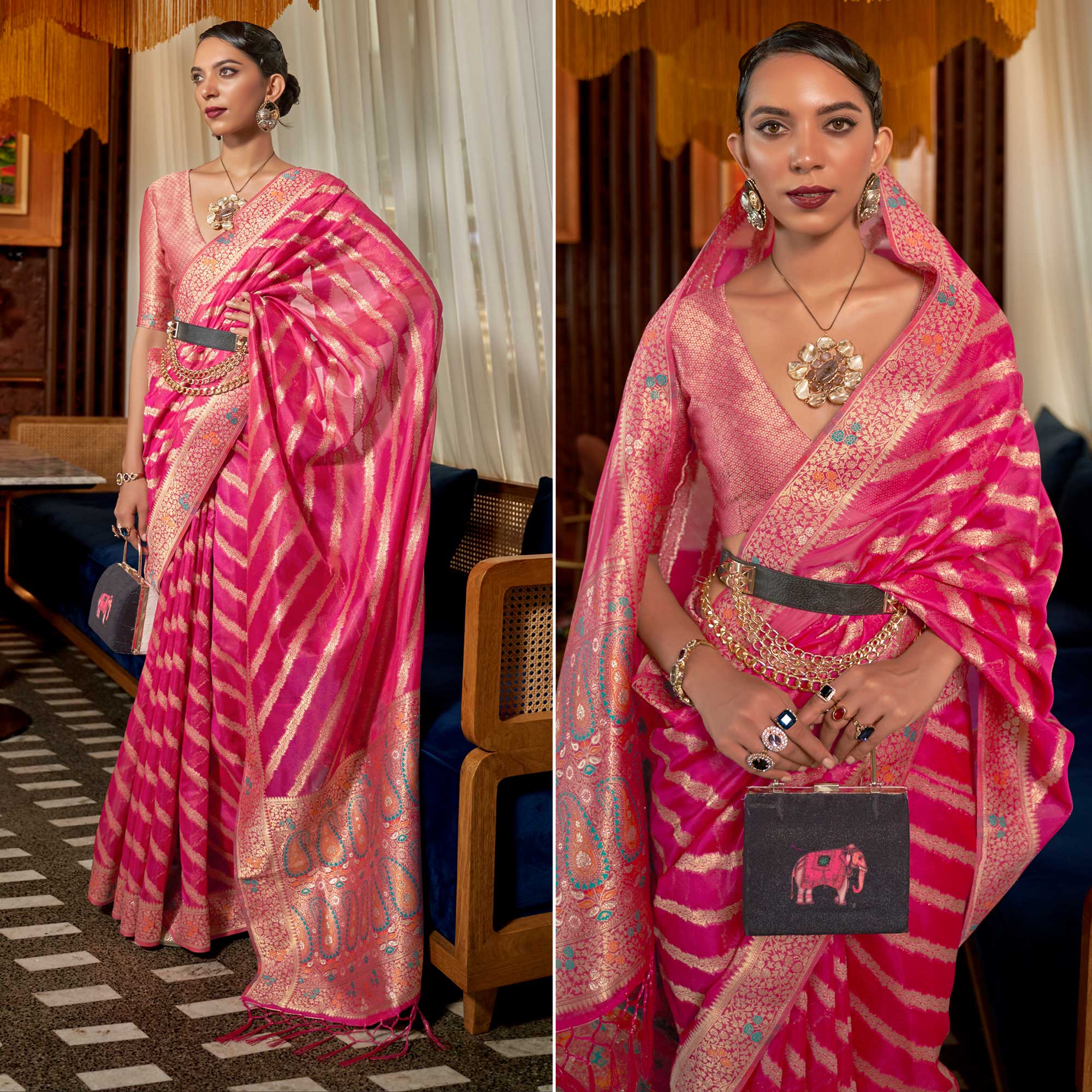 Pink Woven Organza Saree With Tassels